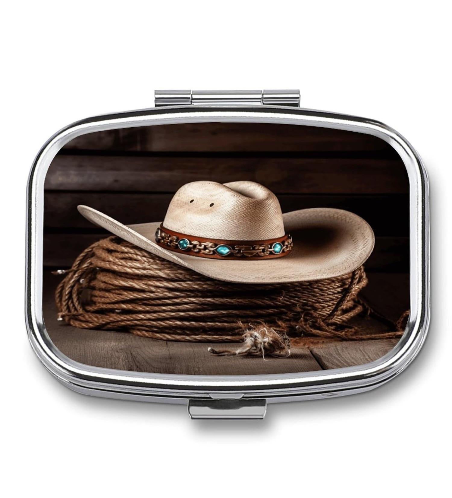 Shop American West Rodeo Hat Print Pill Box | 2 Compartment Medicine Organizer | Decorative Metal Portable Pill Case for Travel & Purse - Buy Online on GoSupps.com