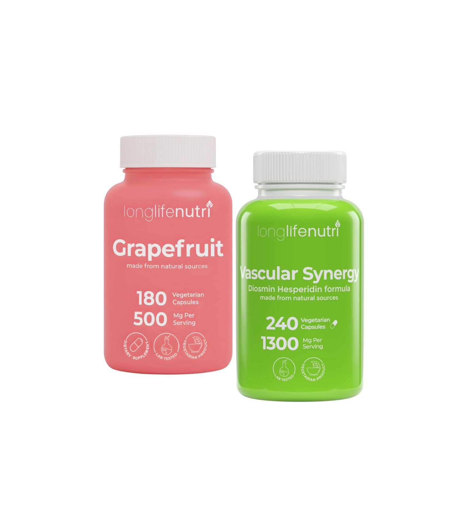 LongLifeNutri Grapefruit Seed Extract 500 mg + Vascular Synergy (Diosmin Hesperidin Complex) 1300 mg Bundle - 180 + 240 Capsules 6-4 Month Supply Daily Energy & Vein Support Made in USA - Buy Online on GoSupps.com