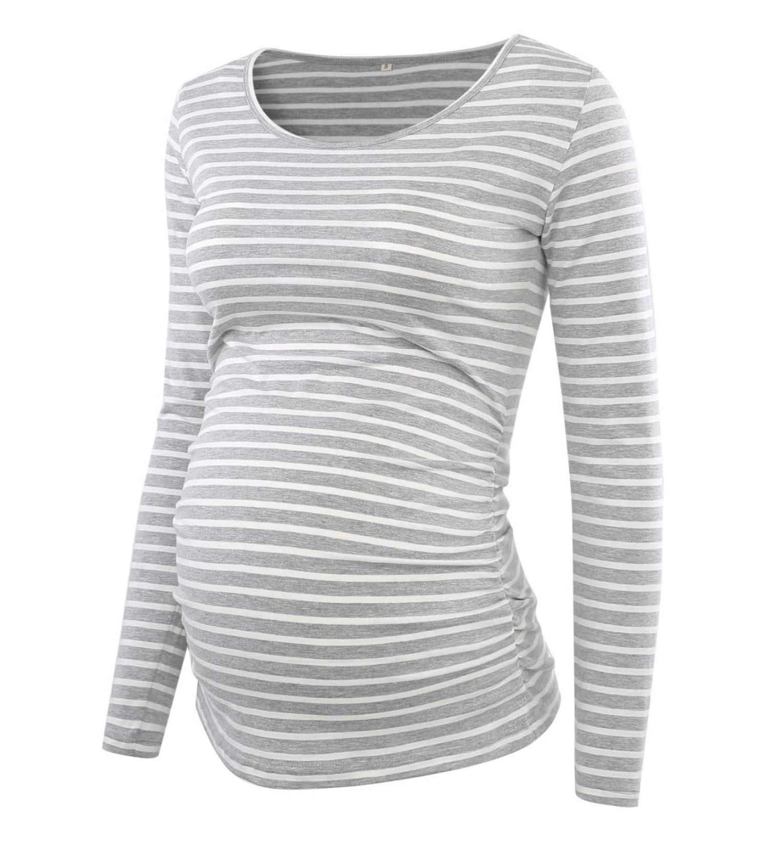 Love2Mi Round Neck Maternity Top | Long Sleeve XL Gray White Stripe Shirt - Buy Online on GoSupps.com