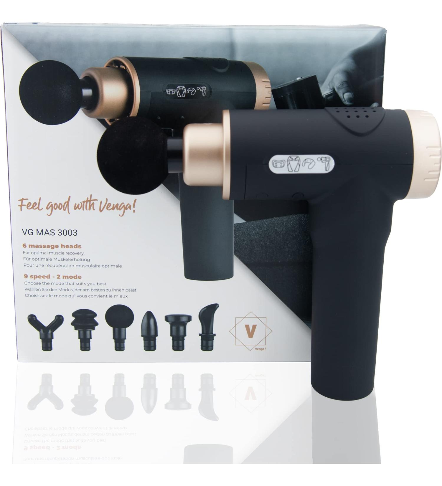 Venga! Massage Gun for Deep Muscle Relief | 6 Attachments 9 Speeds 2 Modes | VG MAS 3003 - Enhanced Recovery in Black/Copper - Buy Online on GoSupps.com