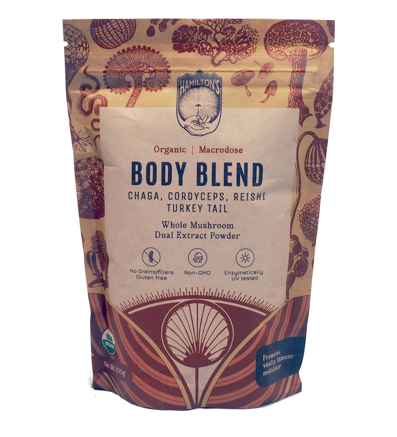 Hamilton s Body Blend | Chaga Cordyceps Reishi Turkey Tail | Organic Mushroom Extract Powder for Immune Endurance and Stress Support | High Potency | 30% Beta Glucans | GF Non-GMO Vegan (100g) 3.53 Ounce (Pack of 1) - Buy Online on GoSupps.com