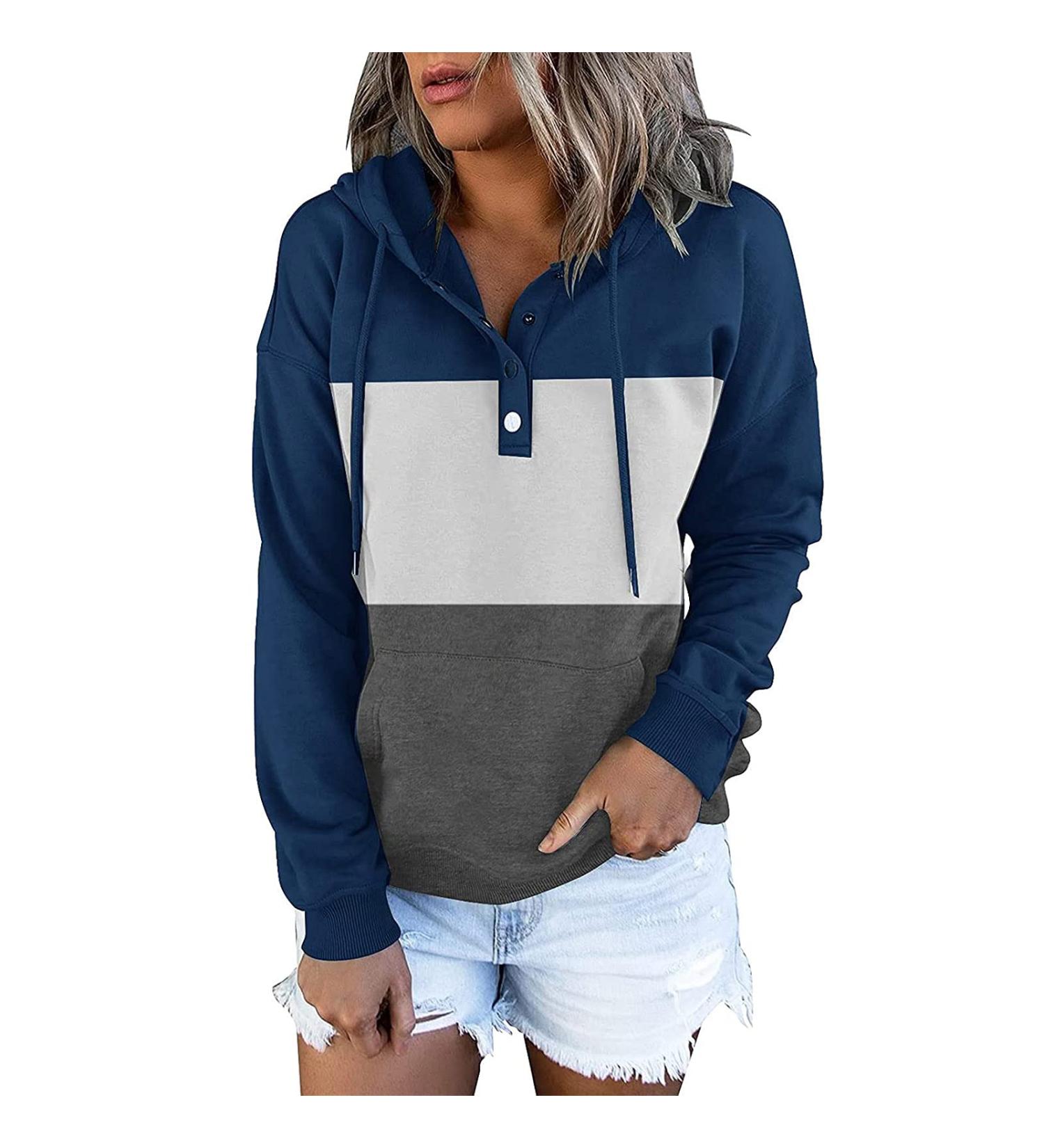 Color Block Hoodie for Women - Navy Stripe Print Drawstring Pullover Sweatshirt - Buy Online on GoSupps.com
