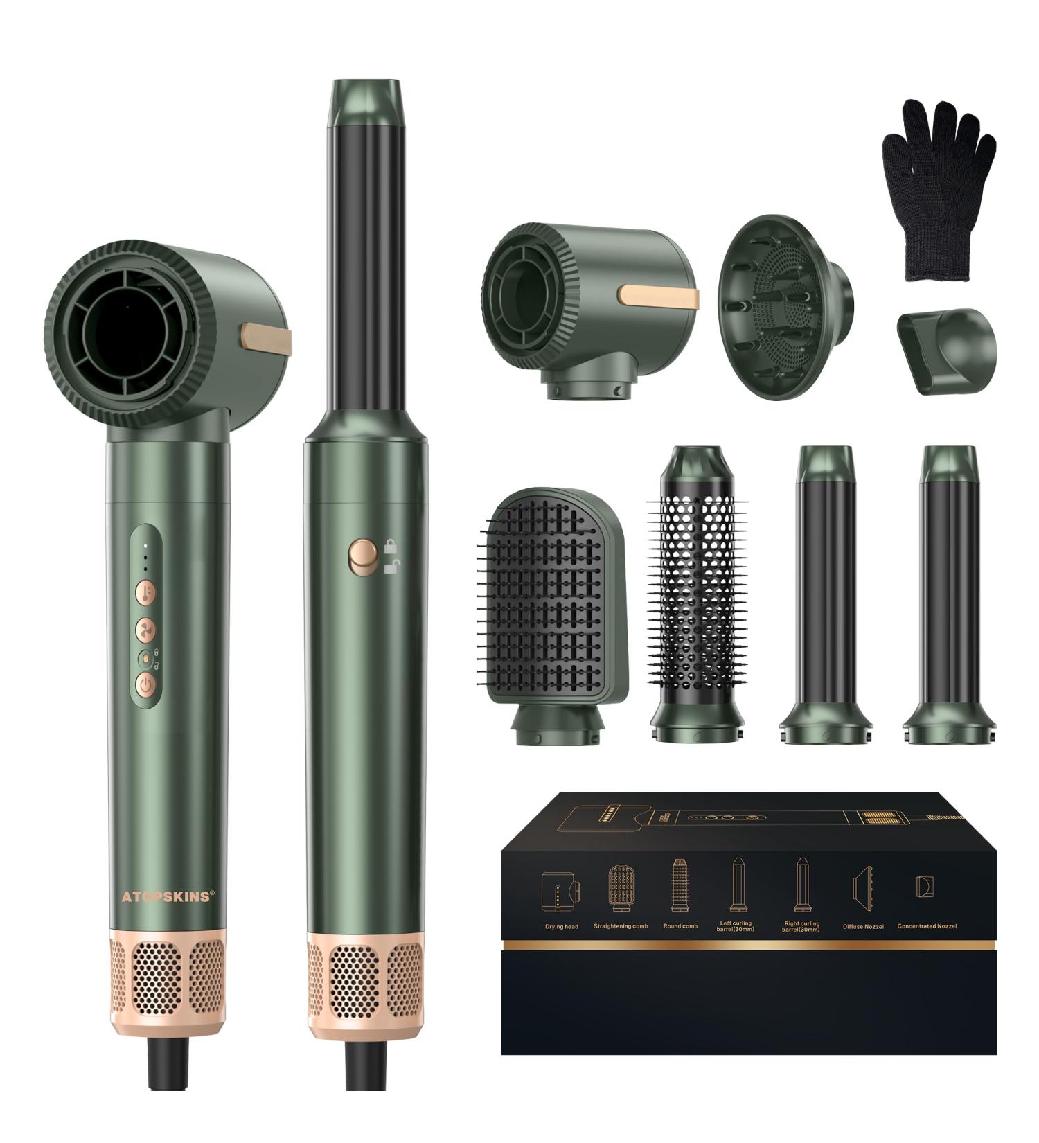 7 in 1 High-Speed Hair Dryer Brush Set | 110000 RPM Ionic Hairdryer with Diffuser & Straighteners | Hot Air Curler & Blow Dryer Kit - Green - Buy Online on GoSupps.com