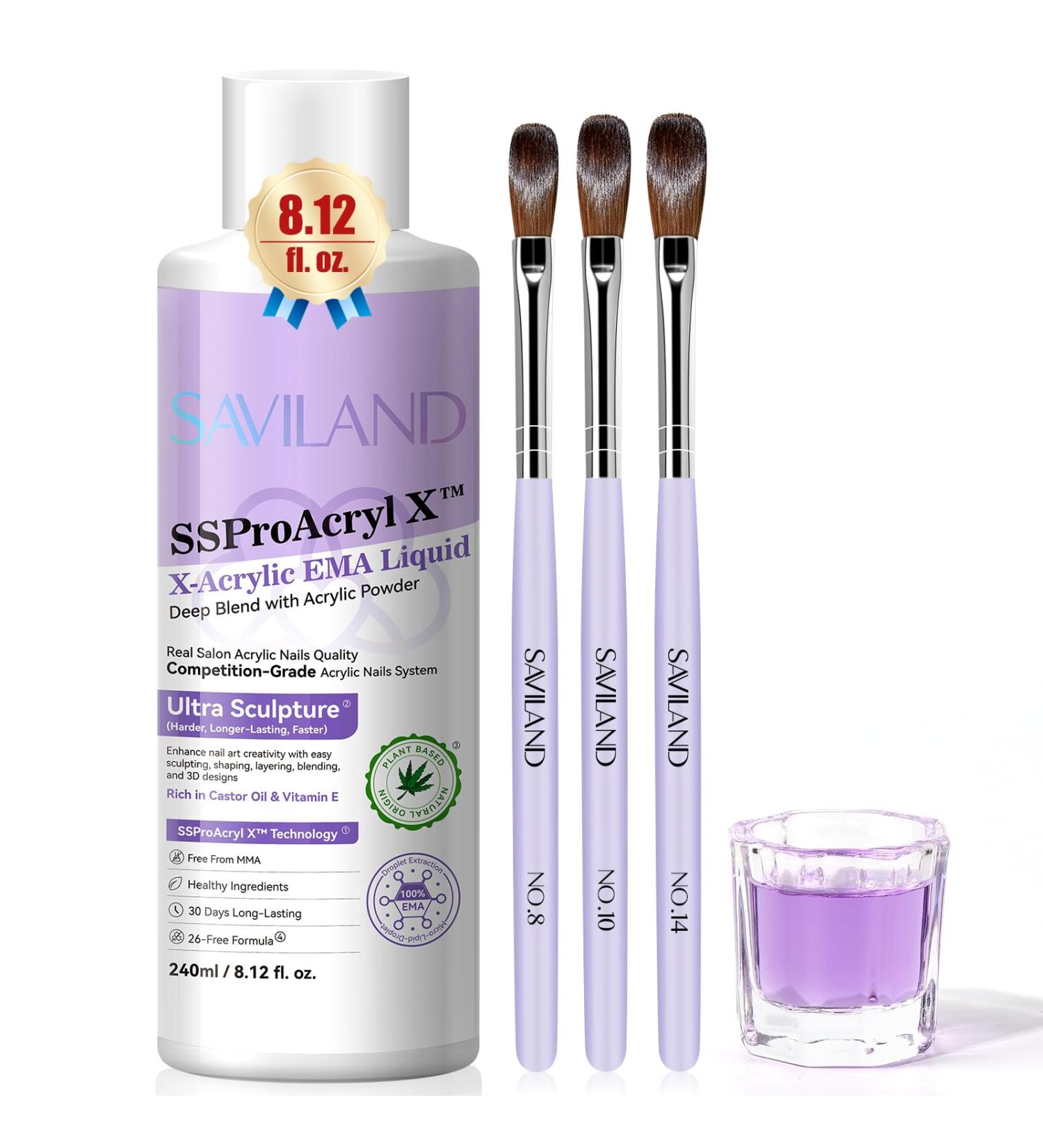 SAVILAND EMA Monomer Acrylic Nail Liquid: 240ml Liquid Monomer for Acrylic Powder Nail Extension with 3pcs Acrylic Nail Brush Dappen Dish for Professional Nail Carving Studio Beginners DIY at Home - Buy Online on GoSupps.com