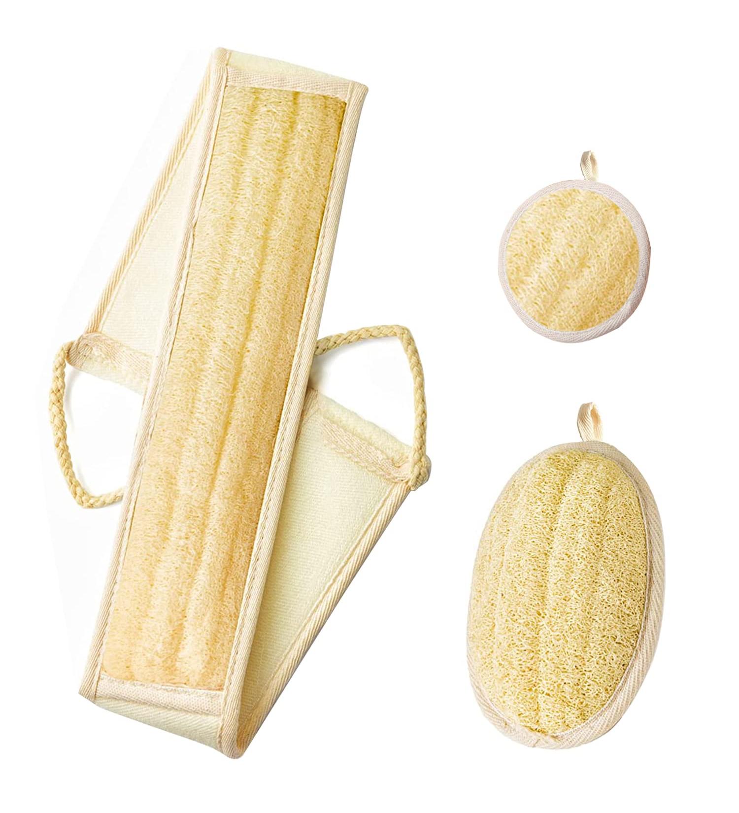 3 Pack Natural Loofah Exfoliating Back Scrubber Set for Shower - Body Sponge Pads for Deep Cleaning - Ideal for Women and Men - Buy Online on GoSupps.com