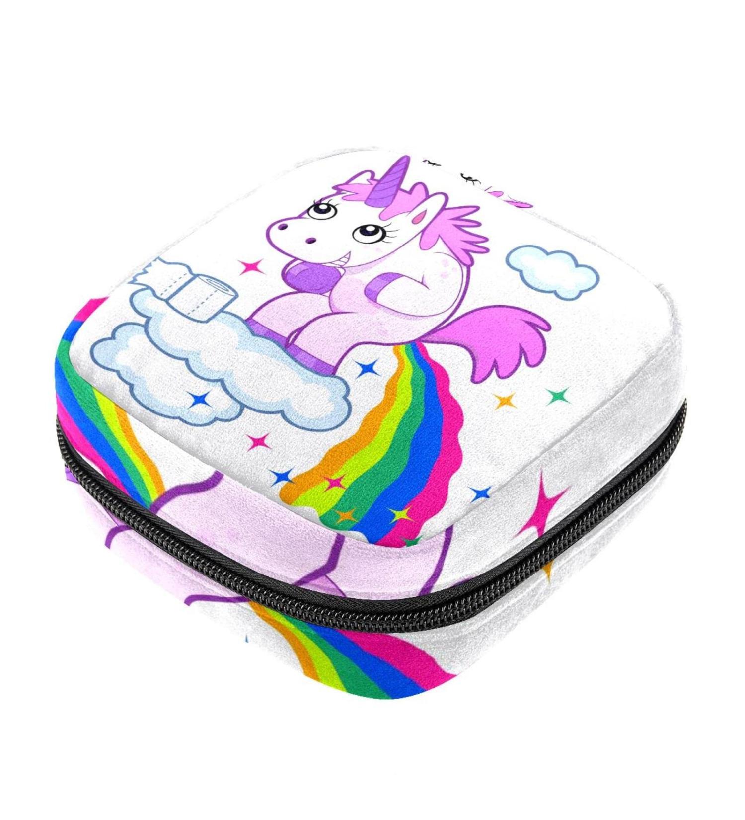 Stylish Menstruation Pad Bag with Zipper | Women's Napkin & Tampon Collection Bag - Smiling Unicorn Design - Buy Online on GoSupps.com