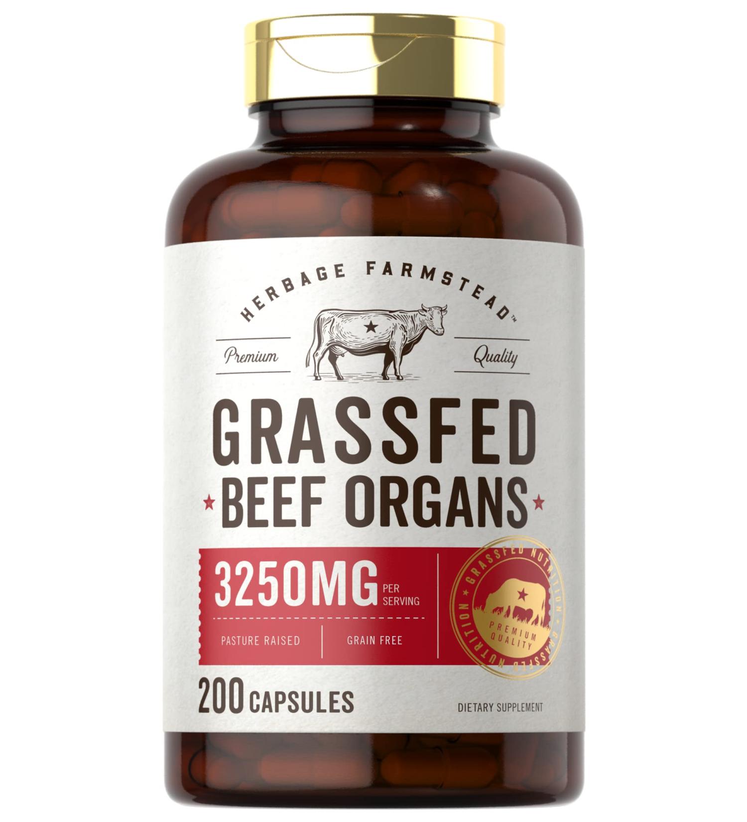 Organic Grassfed Beef Organs Capsules 3250mg - Liver, Kidney, Pancreas, Heart, Spleen Supplement - 200 Caps - Non-GMO & Gluten Free - Herbage Farmstead - Buy Online on GoSupps.com