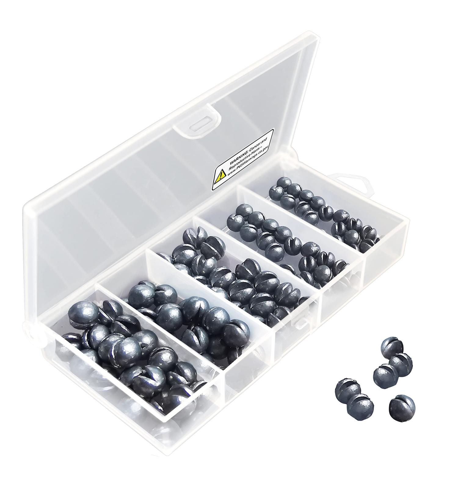 LUSHAZER Fishing Weights Sinkers Kit  100pcs Round Split Shot Sinker  Fishing Weights Egg Sinkers 5 Sizes  7/1000 oz  17/1000 oz  7/200 oz  1/20 oz  7/100 oz  Plastic Box Pack 3.8 x 1.9 x 0.7 inch Single Open - Buy Online on GoSupps.com