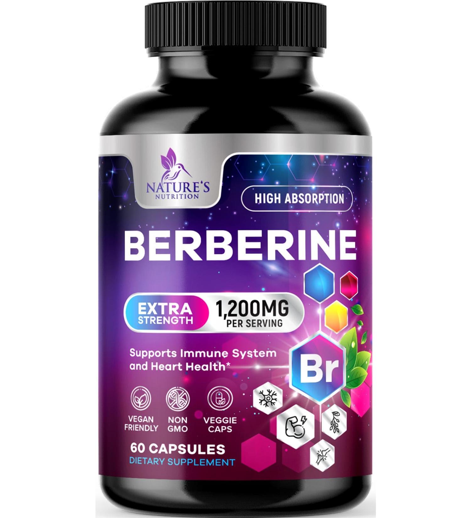 Berberine HCL Supplement 1200mg - High Absorption HCL Extra Strength Berberine Supplement for Advanced Heart Health & Daily Immune Support Sugar Free Vegan Bottled in USA - 60 Veggie Capsules 60 Count (Pack of 1) - Buy Online on GoSupps.com
