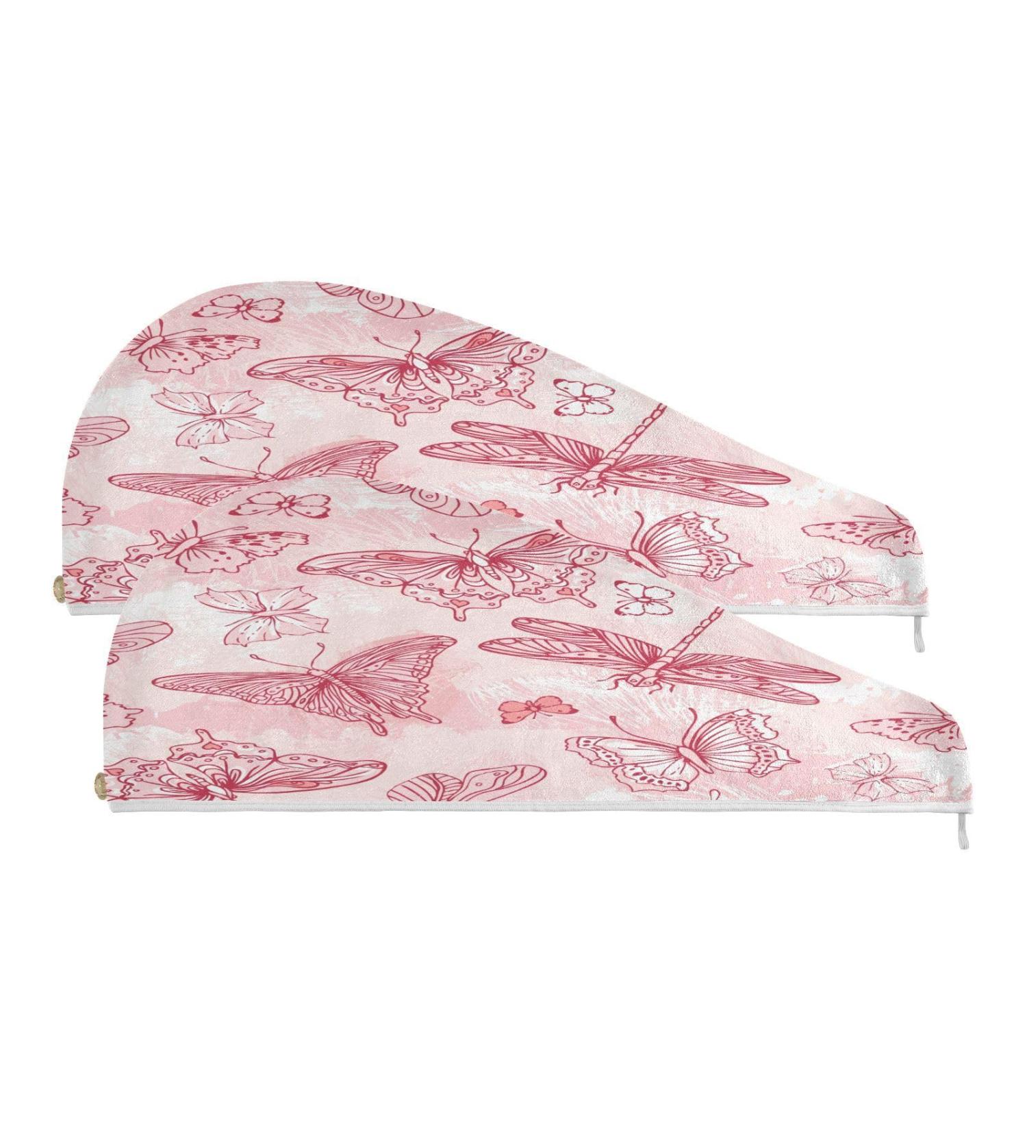 Pink Butterflies Dry Hair Cap Set | 2 Piece Quick Drying Towel & Button Headband | Super Absorbent & Soft - Buy Online on GoSupps.com