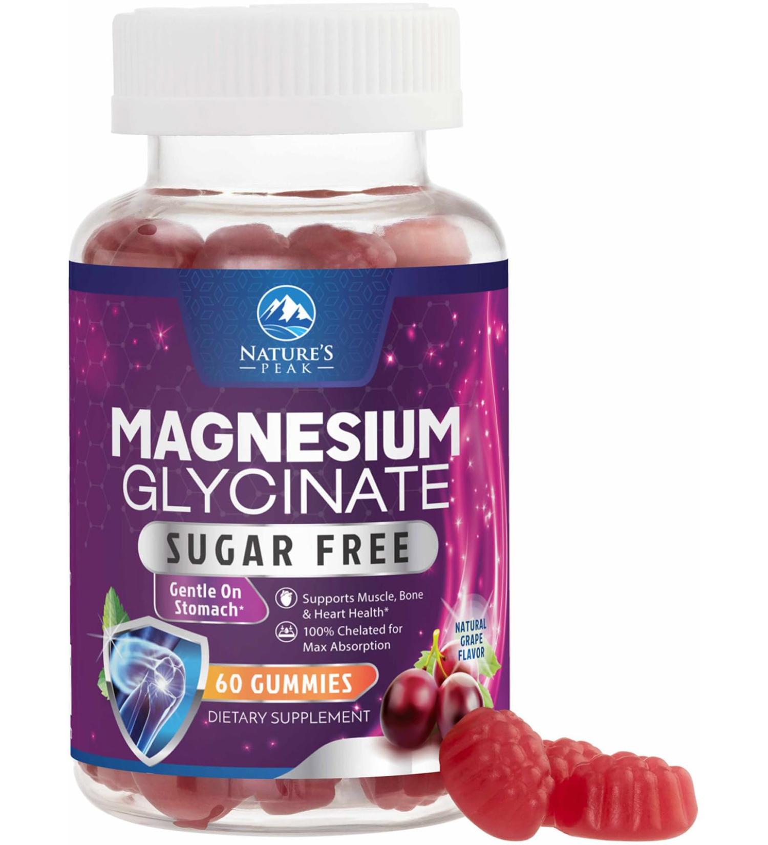 Magnesium Glycinate Gummies - Sugar Free - 100% Chelated Magnesium Gummy Supplement for Max Absorption - for Sleep Support & Heart Muscle & Bone Health - Gentle on Stomach Grape Flavor - 60 Gummies - Buy Online on GoSupps.com