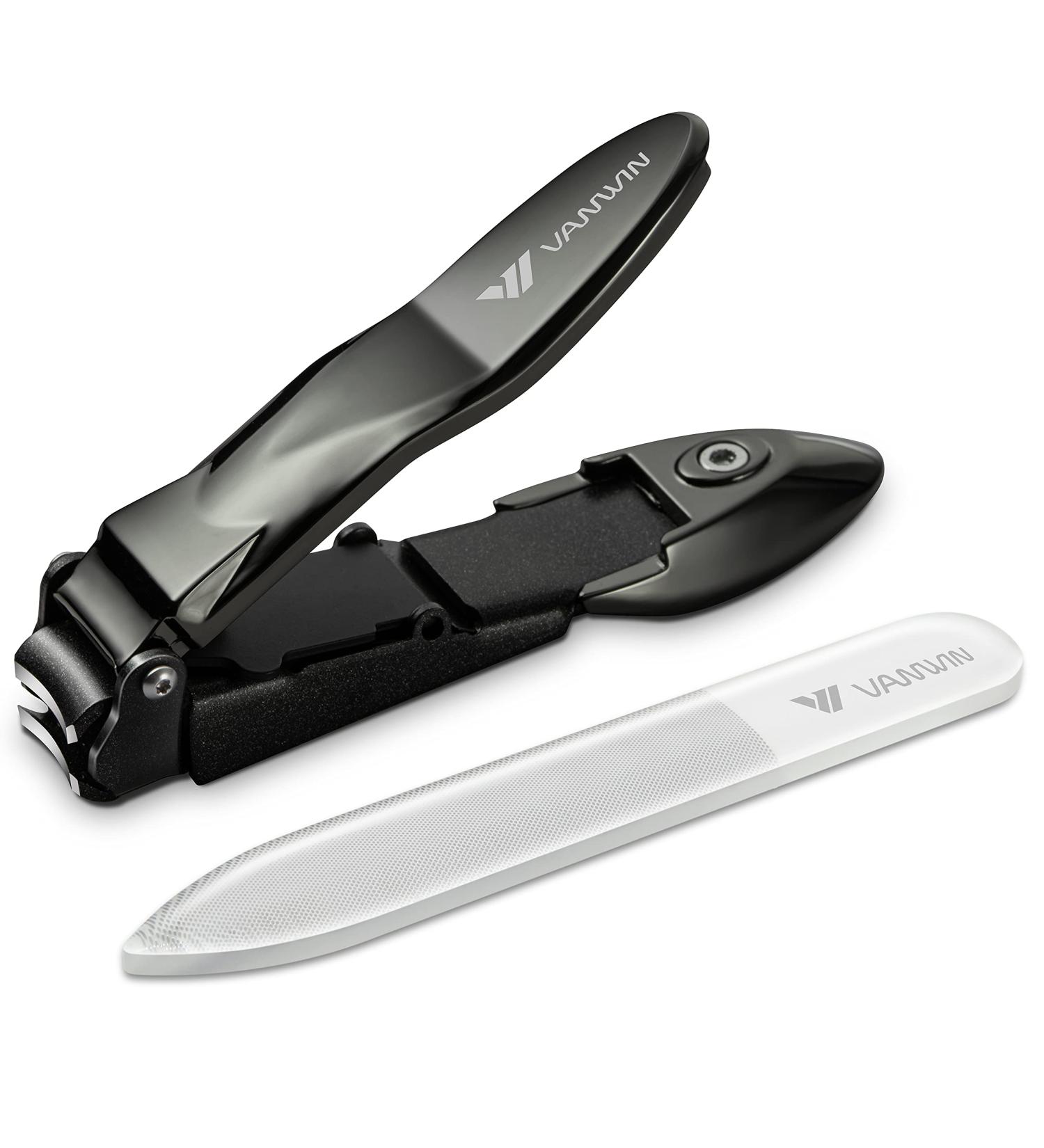 VANWIN No Splash Nail Clippers with Catcher and Glass Nail File - Stainless Steel Wide Jaw Nail Cutter Trimmer for Adults - Black - Buy Online on GoSupps.com