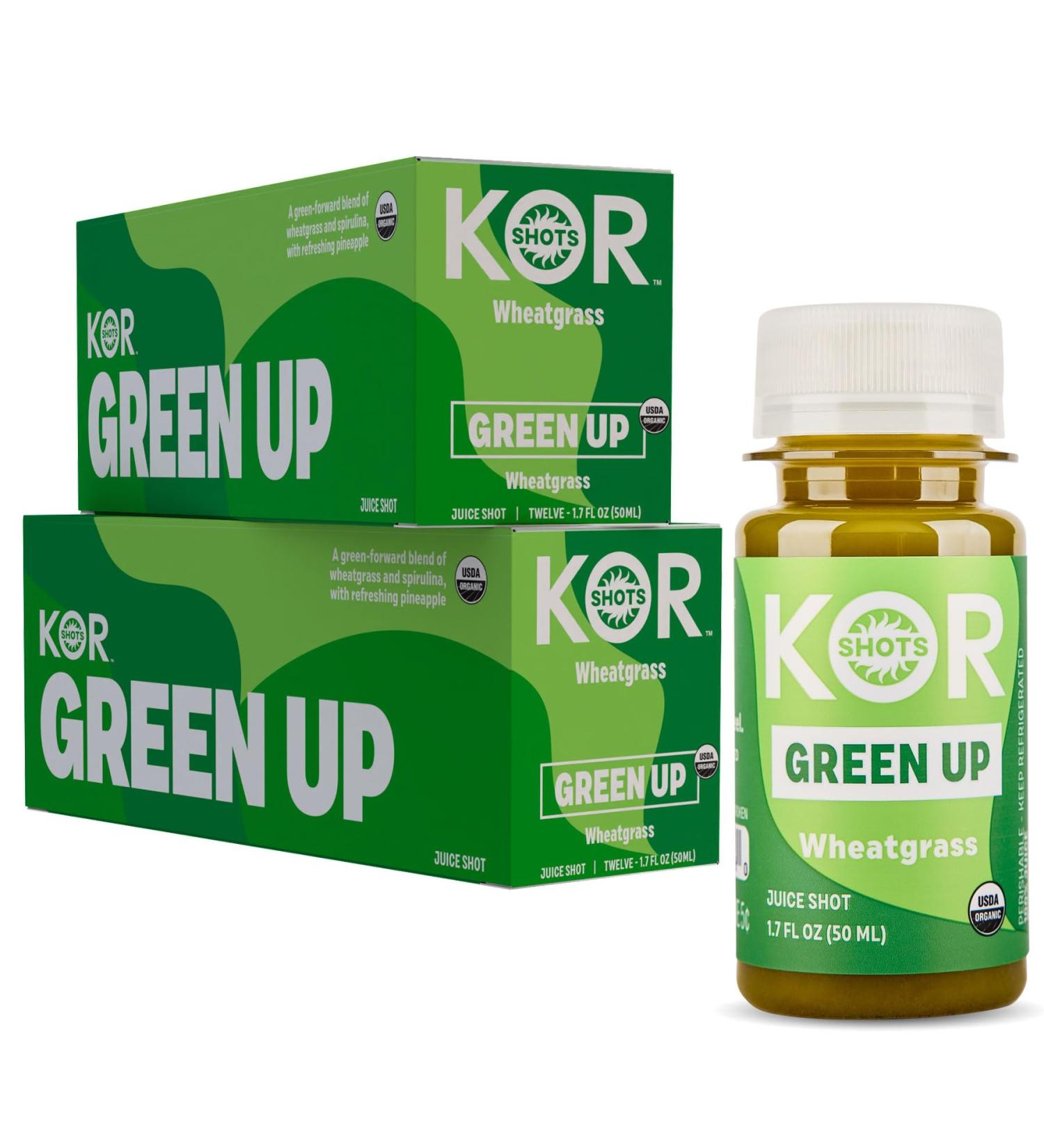Kor Shot Wheatgrass Ginger Spirulina Shot - 24 Pack x 1.7 Fl Oz - Green Up Shot - Daily Greens Superfoods Shot - USDA Certified Organic - Buy Online on GoSupps.com