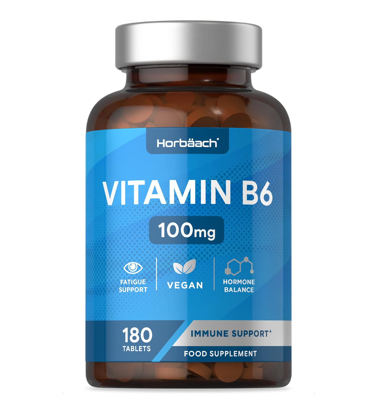 Vitamin B6 100mg 180 Tablets | Hormonal Regulation & Fatigue Support | Vegan Friendly | Horbaach - Buy Online on GoSupps.com