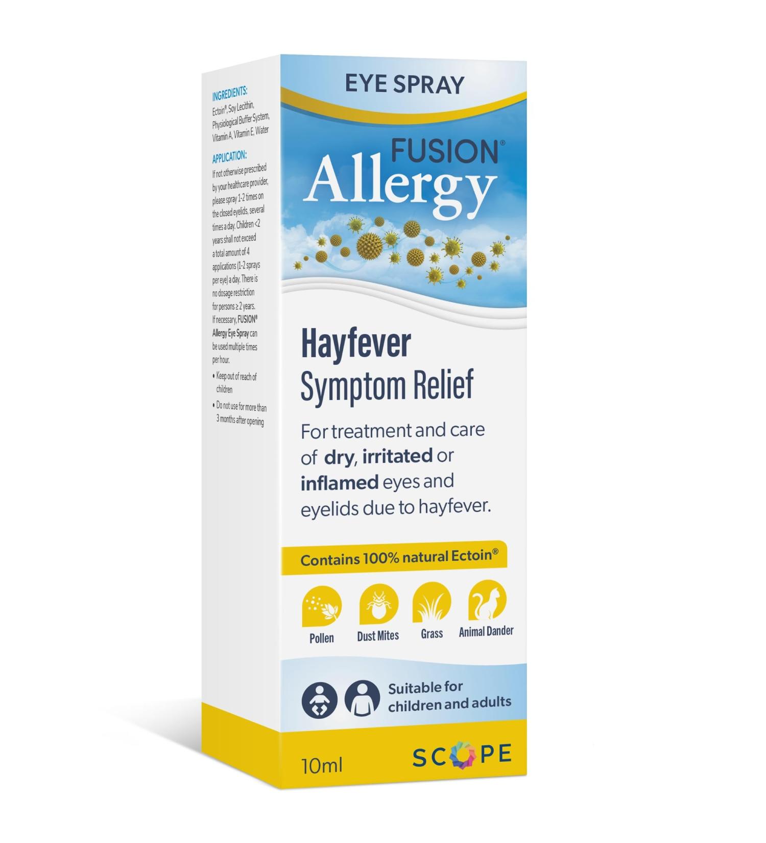 Fusion Allergy Eye Spray with 100% Natural Ectoin - Hydrating Drug Free Treatment for Hay Fever Symptoms and Dry Irritated Eyes - Suitable for Sensitive Eyes (10 ml - 220 doses) - Buy Online on GoSupps.com