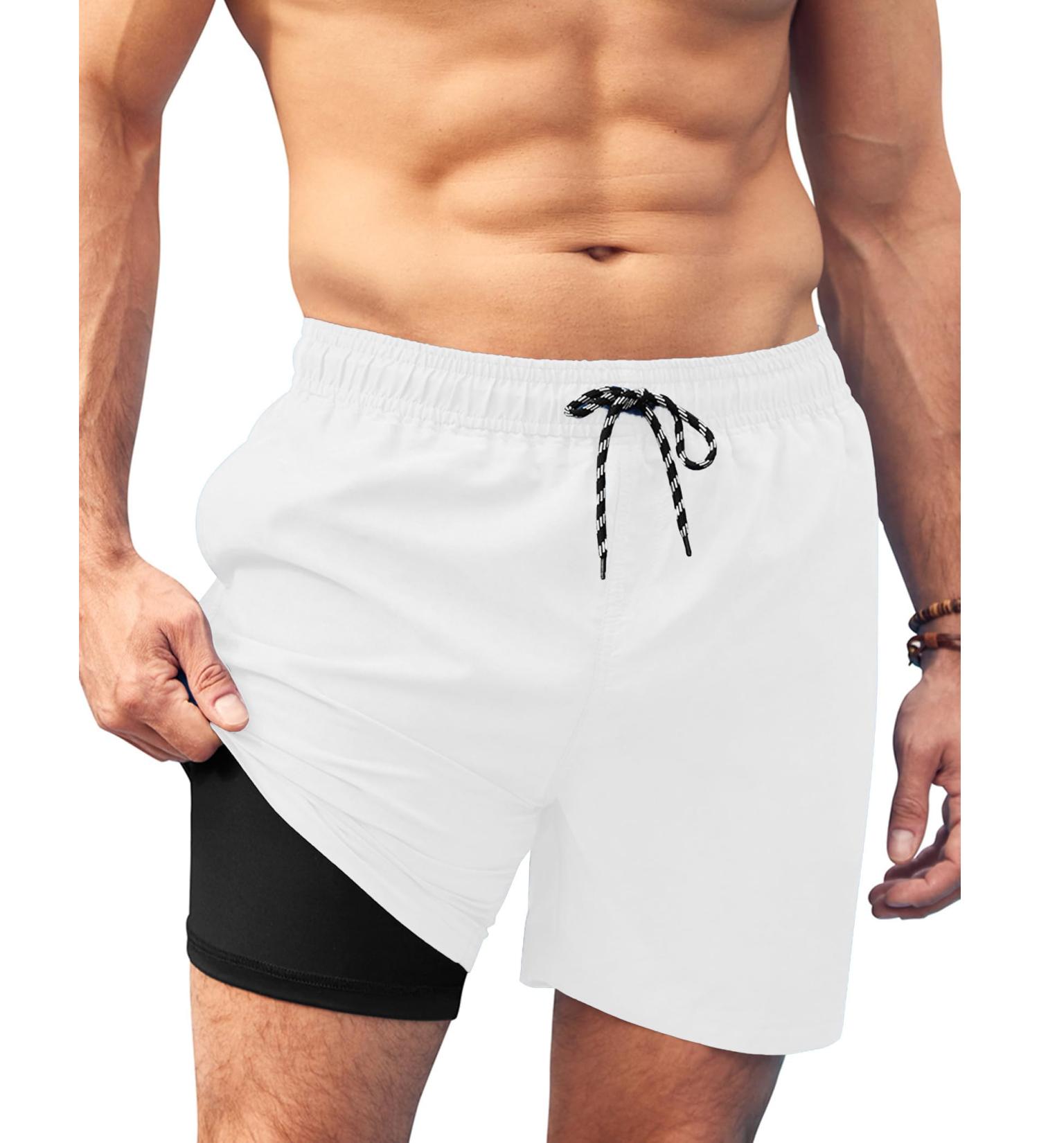 Buy Ai'mage Men's 2-in-1 Swimming Trunks with Compression Liner - Elastic Training Shorts - S-XXL - White - International Shipping Available - Buy Online on GoSupps.com