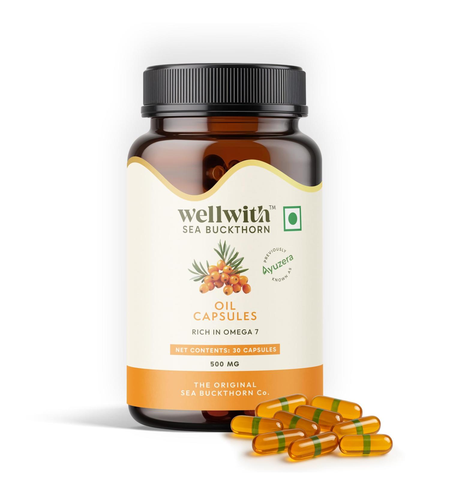 (Ayuzera Sea Buckthorn Berry Oil Vegan Omega 7 500mg 30 Softgels Capsules (Pack of 1) 15-Day Supply| Rich in Omega 3 6 7 & 9 for Muscle Bone Heart & Skin 1 Count (Pack of 1) - Buy Online on GoSupps.com