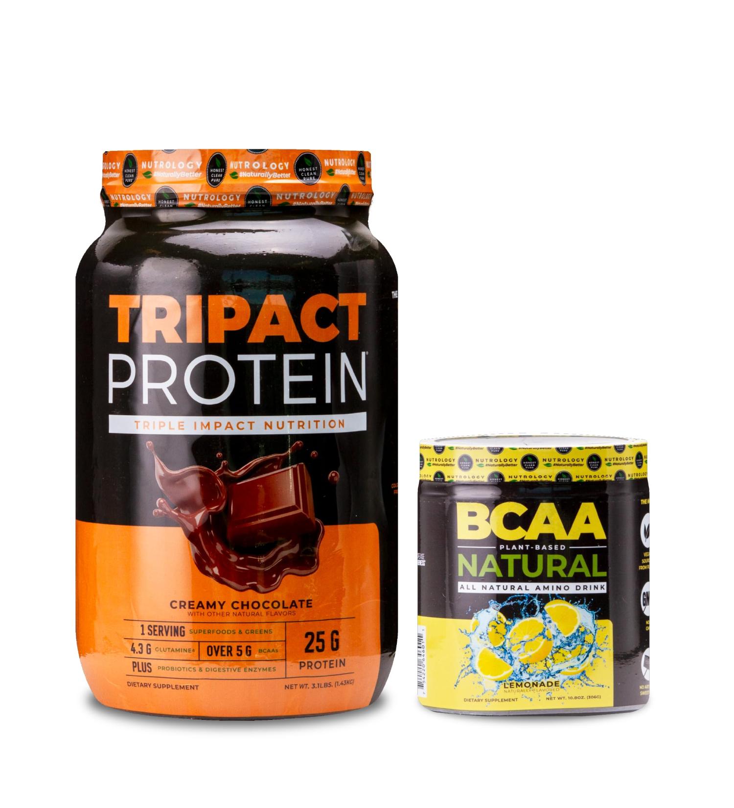 Nutrology TRIPACT Protein Powder 7-in-1 Meal Replacement Shake Creamy Chocolate (40 Servings) BCAA Natural Plant Based BCAA Powder Lemonade Flavor (30 Servings) - Buy Online on GoSupps.com