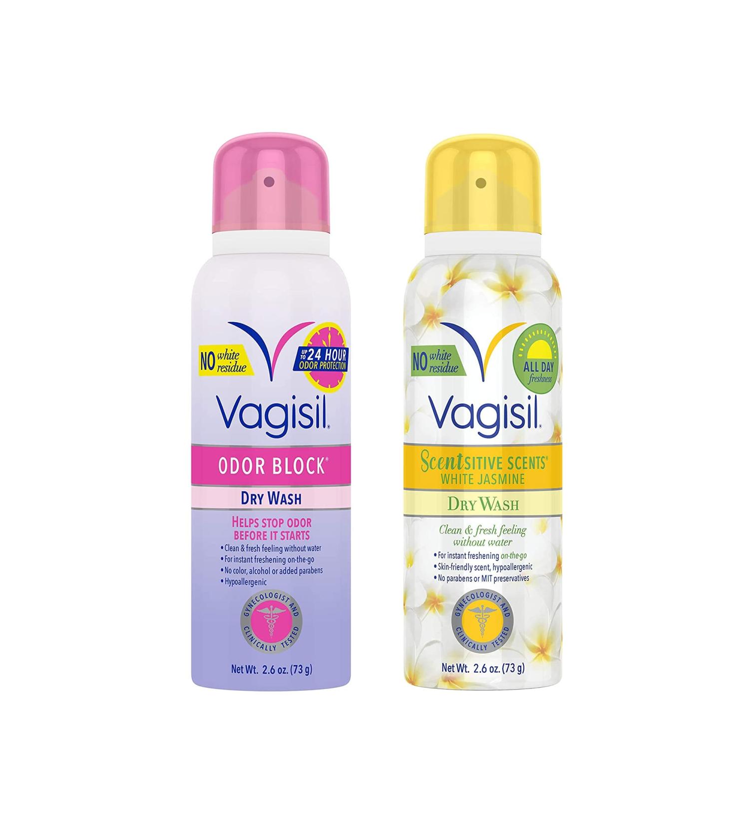 Vagisil Feminine Dry Wash Deodorant Spray 2-Scent Bundle - Gynecologist Tested On The Go Hygiene - White Jasmine Odor Block - 2.6 oz Each - Buy Online on GoSupps.com