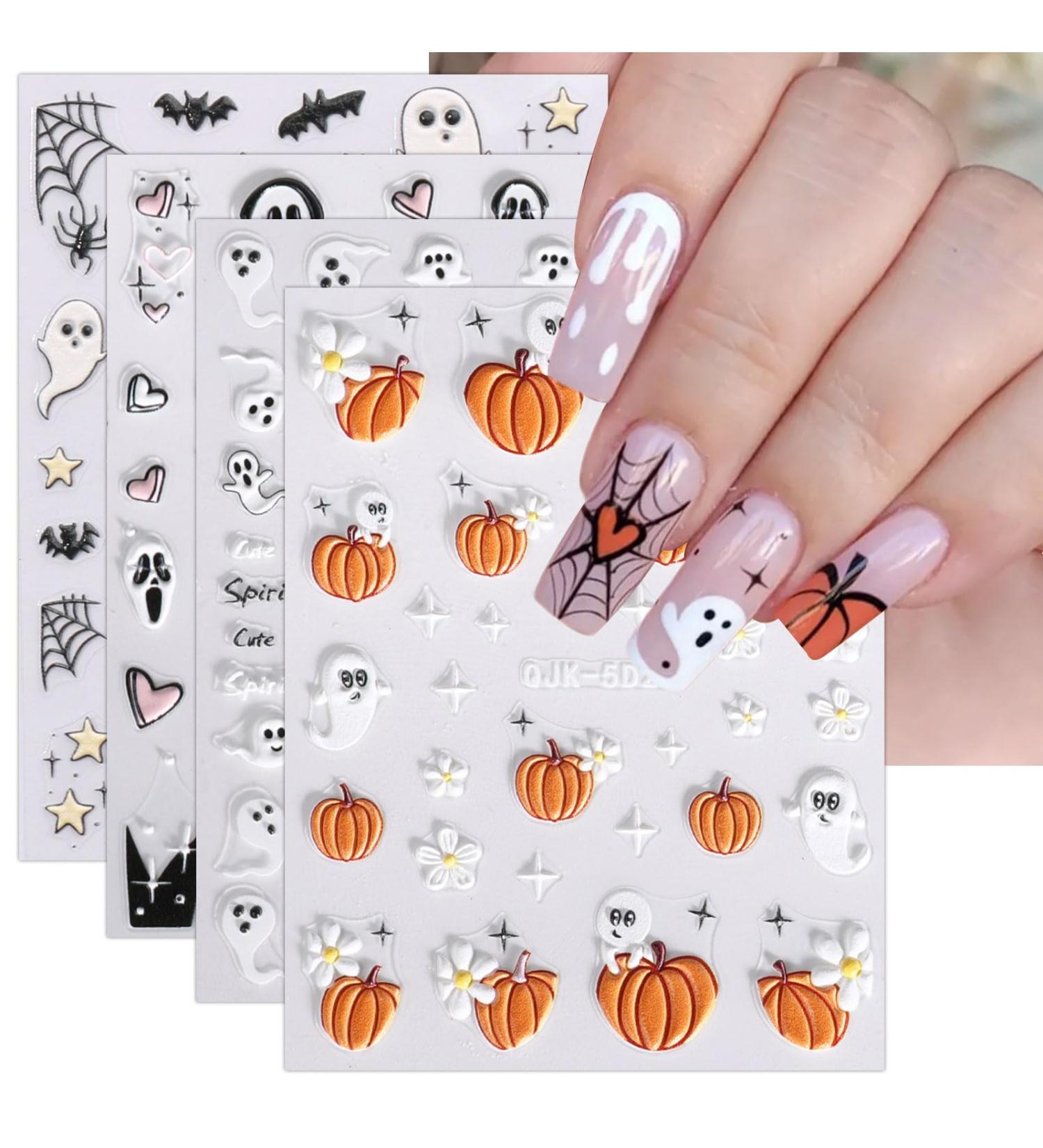 JMEOWIO 3D Embossed Halloween Nail Art Stickers Decals Self-Adhesive 5D Cute Ghost Pumpkin Star Nail Supplies Nail Art Design Decoration Accessories 4 Sheets - Buy Online on GoSupps.com