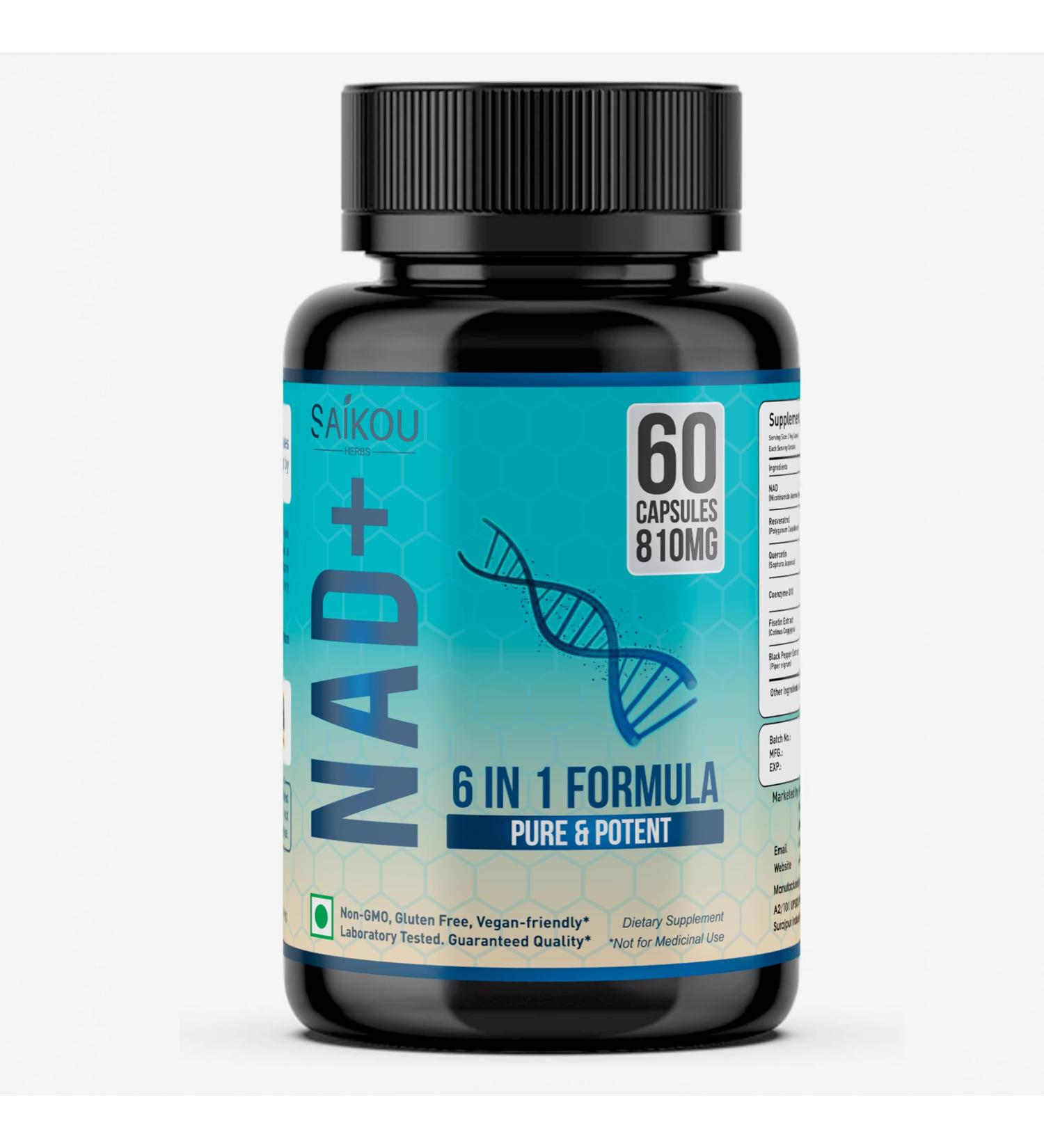 SAIKOU HERBS NAD+ Supplement 810mg with Nicotinamide Adenine Dinucleotide Resveratrol Quercetin Coenzyme Q10 Fisetin and Black Pepper - Healthy Aging - High Absorption - 60 Capsules - Buy Online on GoSupps.com