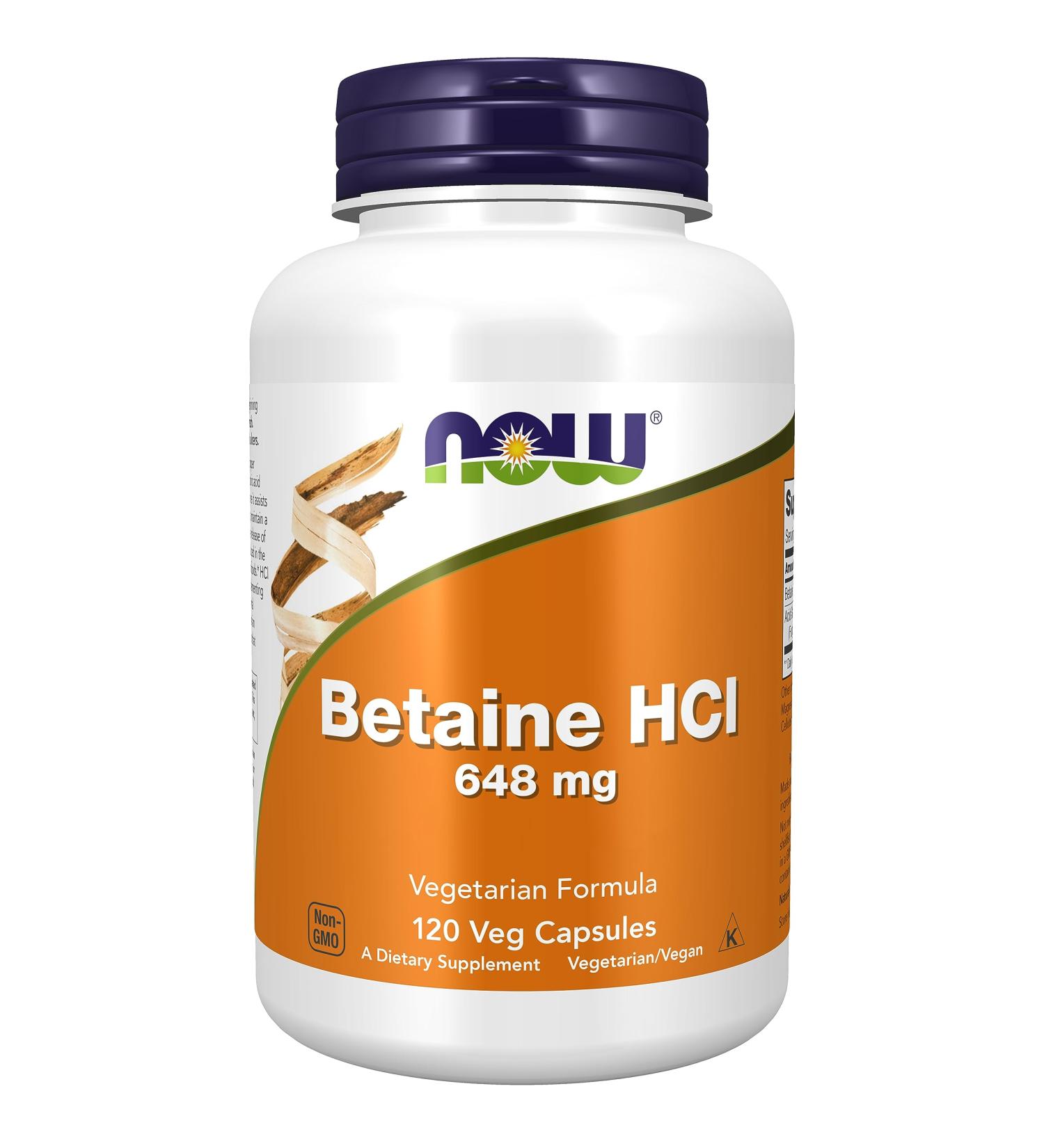 Now Foods Betaine HCl 648 mg - 120 Vegan Capsules | Gluten-Free Soy-Free & Lab Tested for Optimal Digestive Health - Buy Online on GoSupps.com