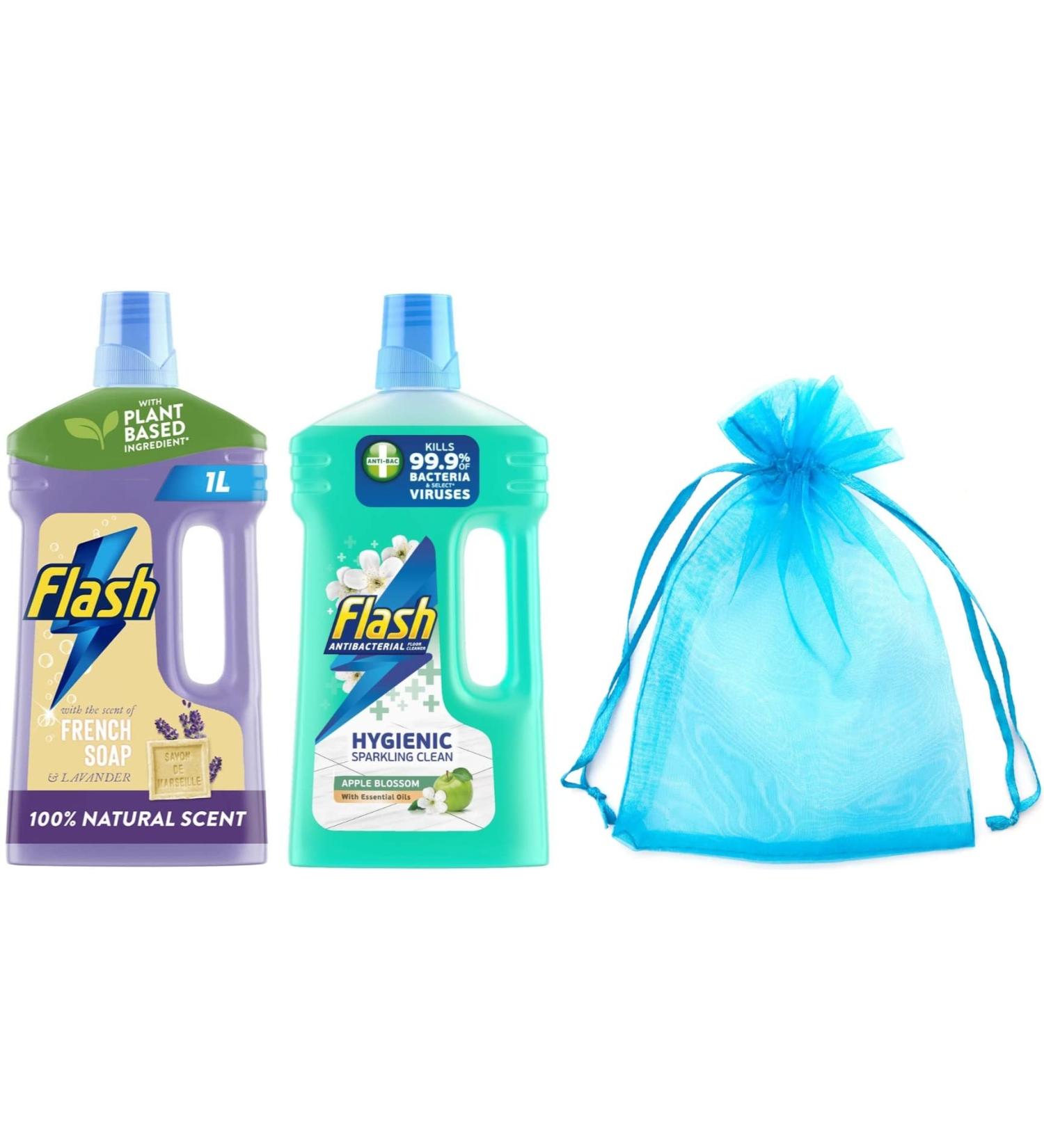 Flash All Purpose & Floor Cleaner Bundle: Flash Traditional Collection Natural French Soap & Lavender 1L+ Antibacterial Apple Blossom with Essential Oils 1L+Our Gift for You:Organza Bag Size9x7x0.1cm - Buy Online on GoSupps.com