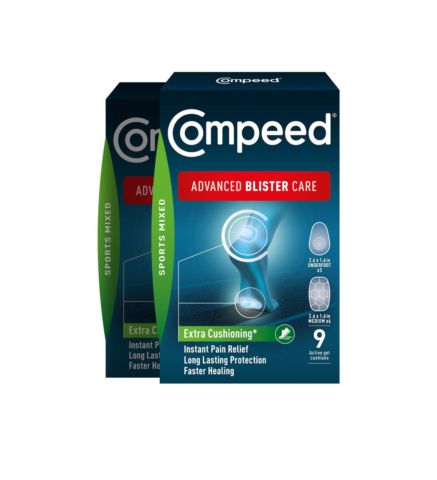 Compeed Advanced Blister Care 9ct Sports Mixed (2 Packs) | Hydrocolloid Bandages for Heel & Foot Blister Prevention & Treatment | Waterproof Cushions Included - Buy Online on GoSupps.com