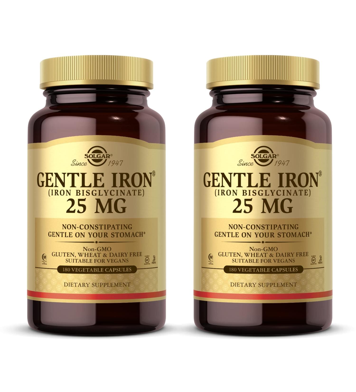 Solgar Gentle Iron 25 mg - 360 Vegetable Capsules (Pack of 2) - Non-Constipating & Gentle on Stomach - Non-GMO, Gluten-Free - Buy Online on GoSupps.com