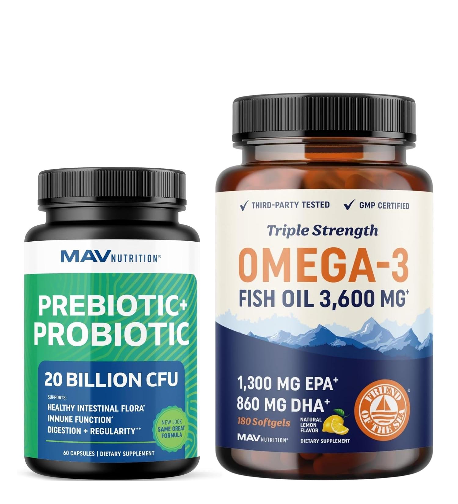 Omega 3 Fish Oil and Probiotic Capsules | Triple Strength EPA & DHA Omega 3 Burpless Softgels Plus Probiotic & Prebiotic Capsules for Gut Health & Immune Support | 60 Servings Each - Buy Online on GoSupps.com