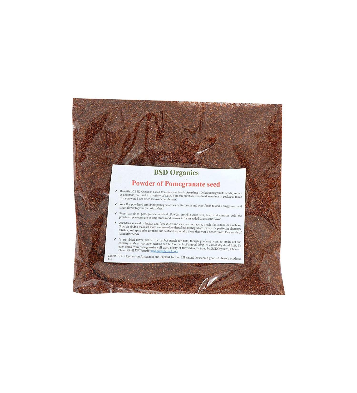 BSD Organics Powder of Pomegranate seed/Matu ai vithai/Anaar beej/Anardana for Soups chutneys relishes and spice rubs for meat seafood and more 50 Gram / 1.7 Ounce