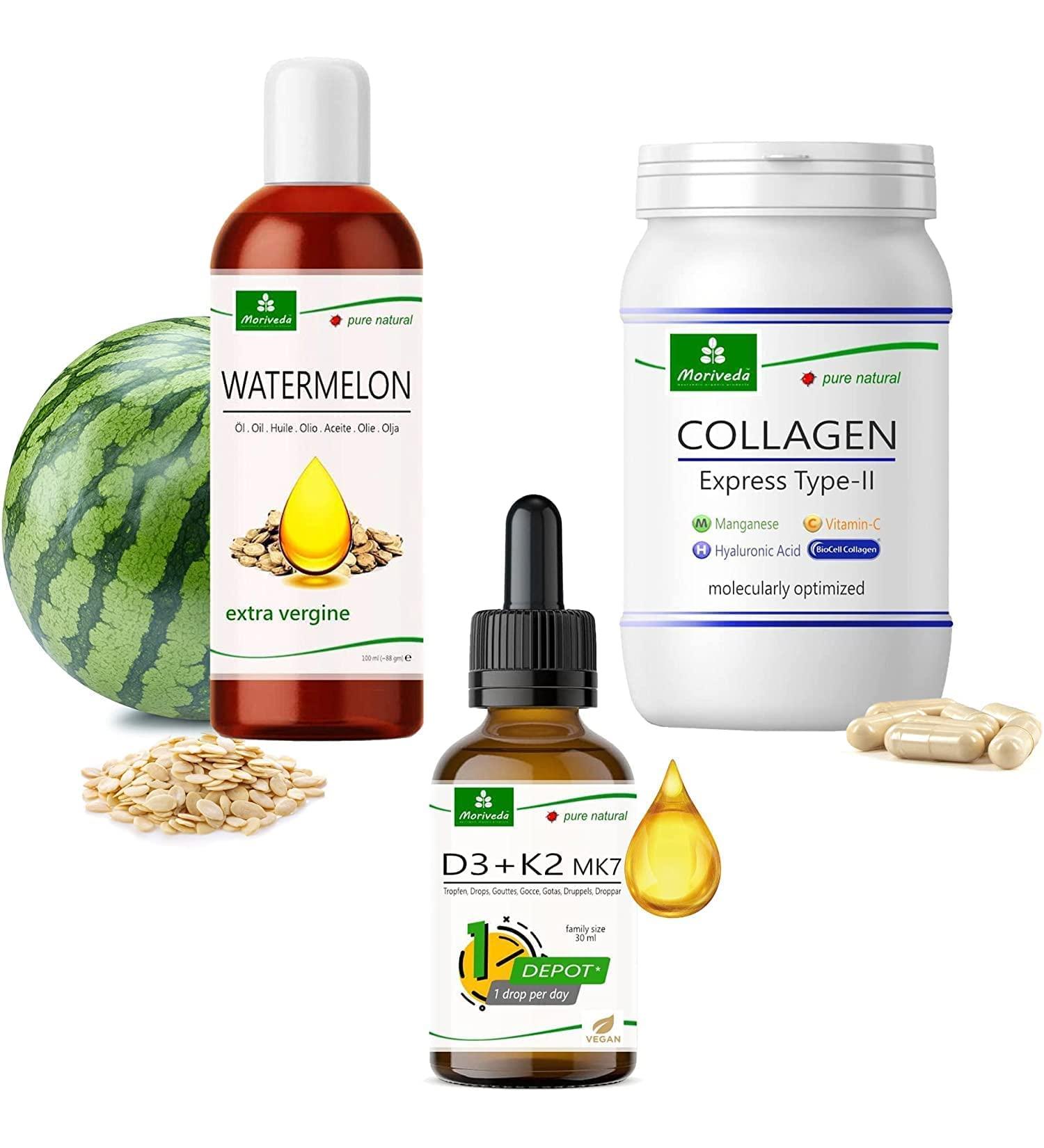MoriVeda Paquet de produits Skin & Hair | Gouttes de vitamine D3+K2 capsules de collag ne BioCell avec formule express huile de past que | vitamines - Buy Online on GoSupps.com