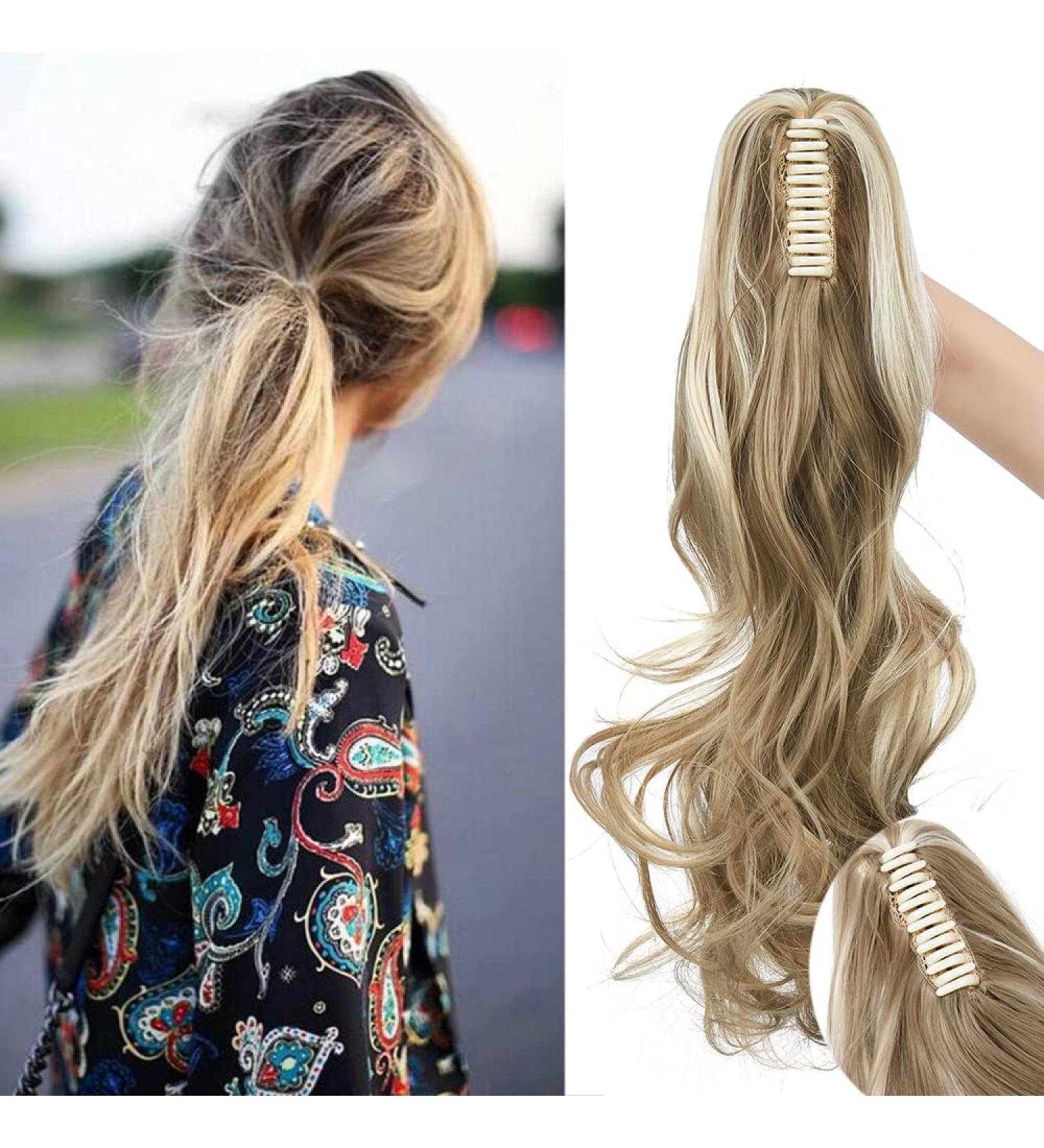Sego 45cm Wavy Ponytail Hair Extension Voluminous Claw Clip in Ash Brown & Bleach Blond | Synthetic Braided Hair Piece (140g) - Buy Online on GoSupps.com
