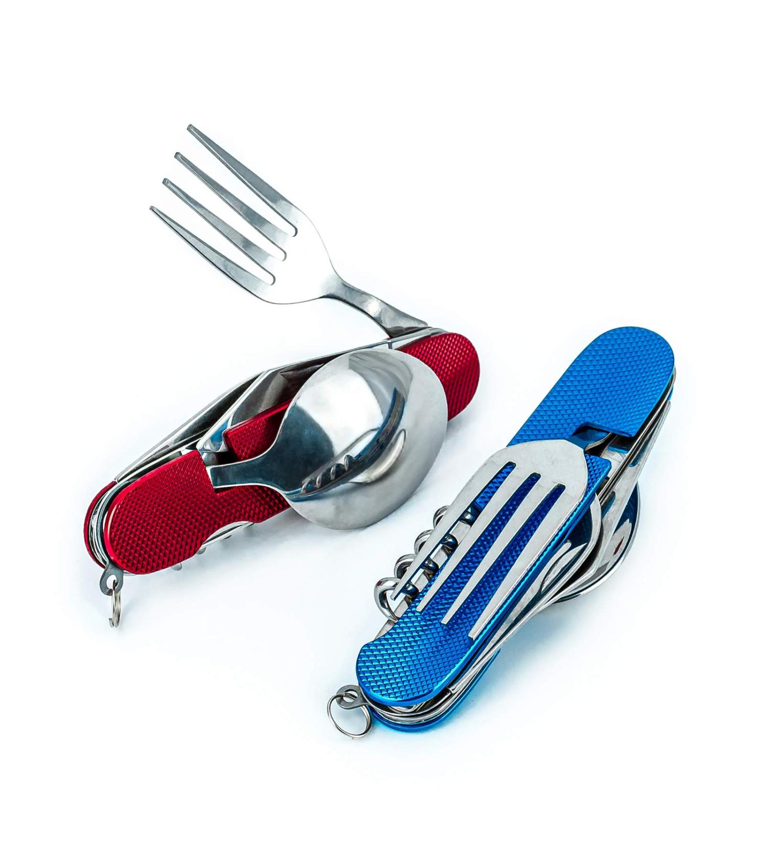 6-in-1 Camping Utensil Set with Detachable Spoon, Fork, and Knife Combo in Carrying Pouch - Blue + Red - Buy Online on GoSupps.com