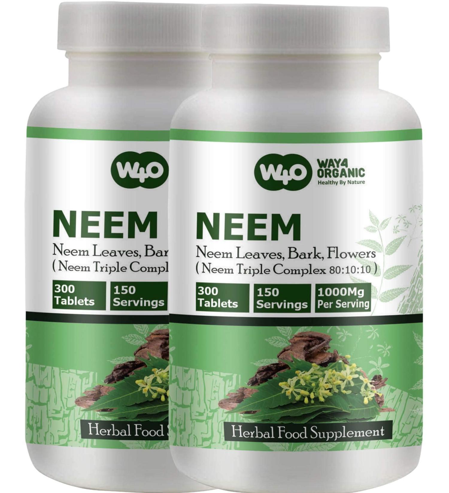 WAY 4 ORGANIC W4O Neem Triple Complex - High-Potency Azadirachta Indica Tablets Neem Leaves Bark Flowers in Ratio (80:10:10) - 300 Tablets 150 Serving 1000 Mg (Pack of 2) - Buy Online on GoSupps.com