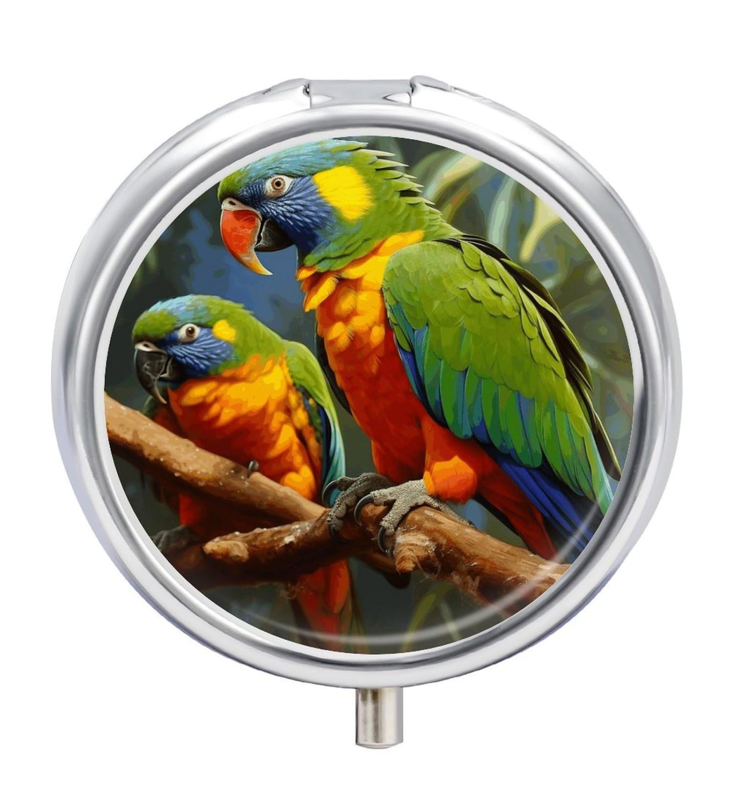 Round Pill Box with Parrot Painting - 3 Compartment Pill Organizer - Decorative Metal Portable Pocket Pill Case - Buy Online on GoSupps.com