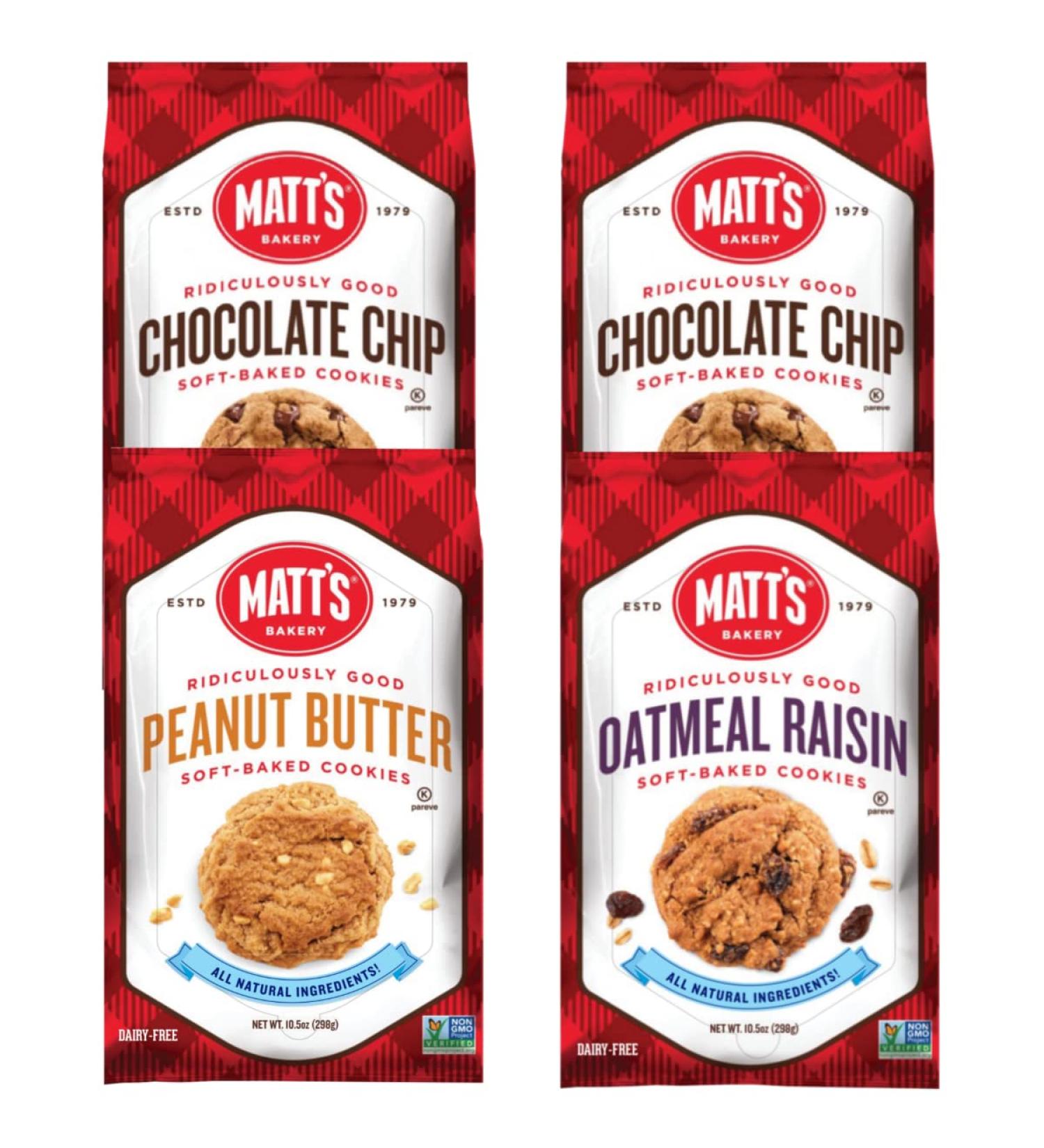 Matt's Bakery Variety Pack Cookies - Chocolate Chip, Peanut Butter, Oatmeal Raisin - Soft-Baked, Non-GMO, All-Natural Ingredients - 4 Bags (10.5oz Each) - Buy Online on GoSupps.com