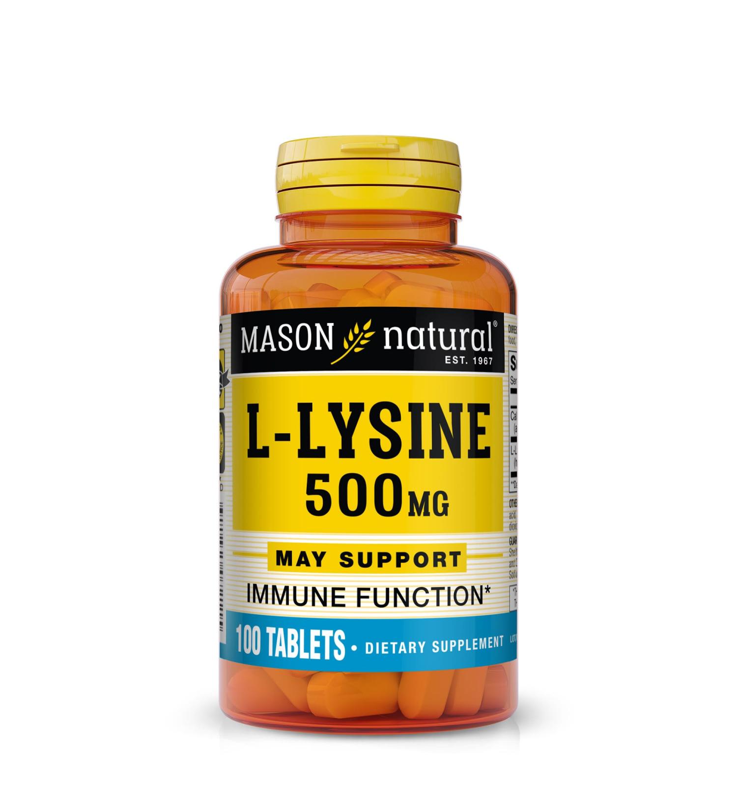 Mason Natural L-Lysine 500 mg with Calcium - Boost Immune Function & Nutrient Absorption - 100 Tablets - Premium Essential Amino Acid - Buy Online on GoSupps.com