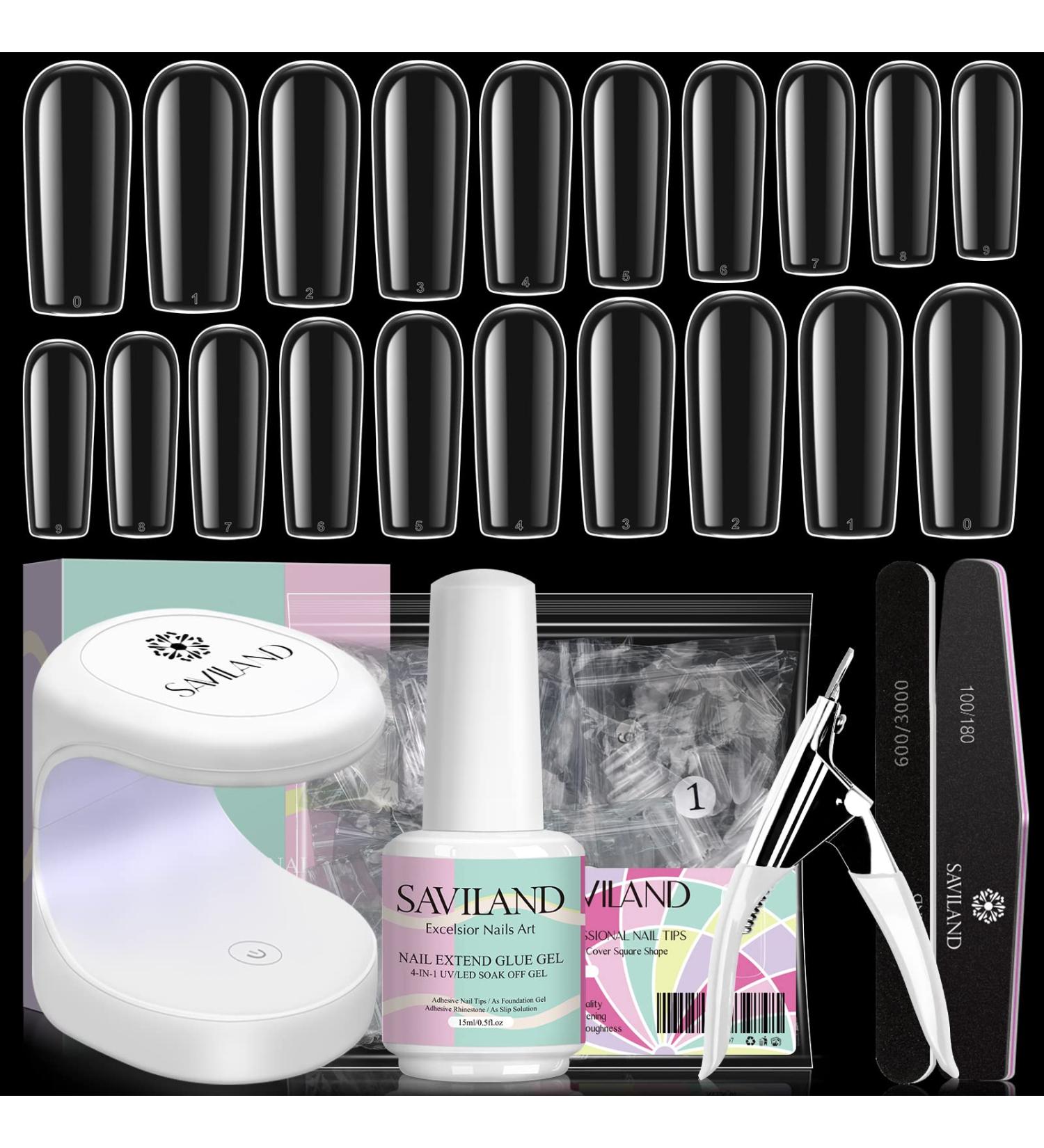 Saviland 500 Pcs Square Nail Tip & Glue Gel Kit with Mini UV LED Lamp - DIY Acrylic Nail Extension Set - Buy Online on GoSupps.com