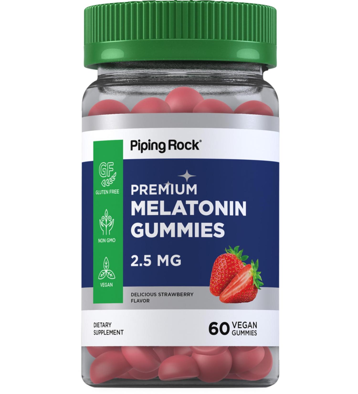 Piping Rock Melatonin Gummies 2.5 mg | 60 Count | Strawberry Flavor Gummy | Vegan Non-GMO Gluten Free Supplement - Buy Online on GoSupps.com