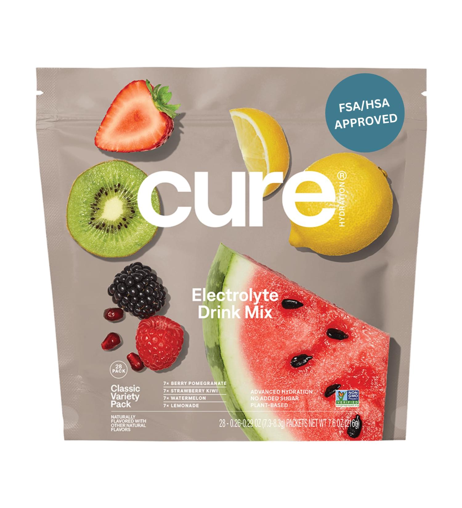 Cure Hydration | Plant-Based Electrolyte Drink Mix | No Added Sugar | FSA-HSA | Dehydration Relief Powder Made with Coconut Water | Non-GMO | Vegan | 28 Packets - Variety Pack Variety Pack 28 Servings (Pack of 1) - Buy Online on GoSupps.com