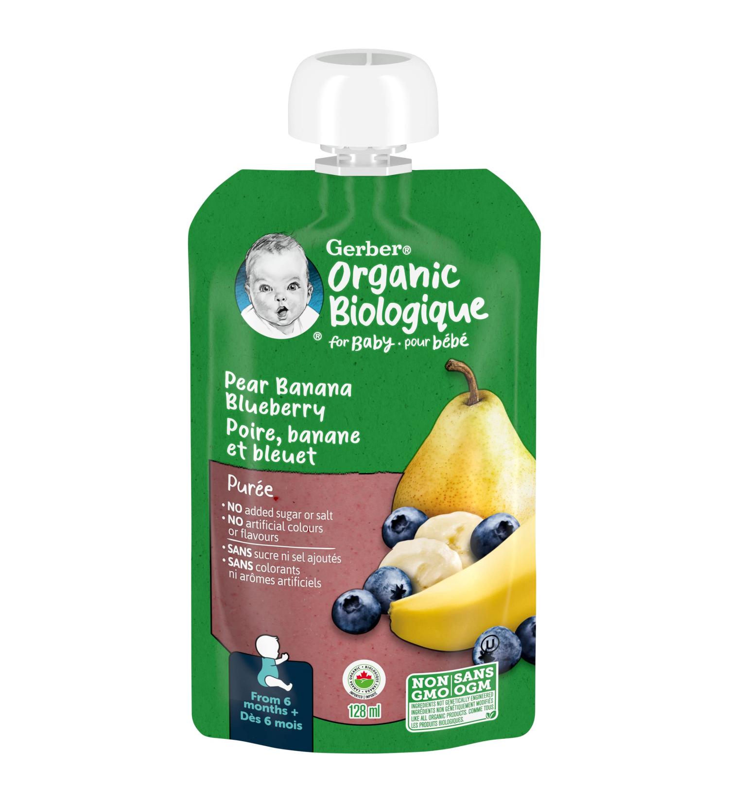 GERBER ORGANIC PUR E Pear Banana Blueberry Baby Food Meal 6+ months 128 ml 12 Pack Packaging May Vary Pur e Pear Banana & Blueberries - Buy Online on GoSupps.com