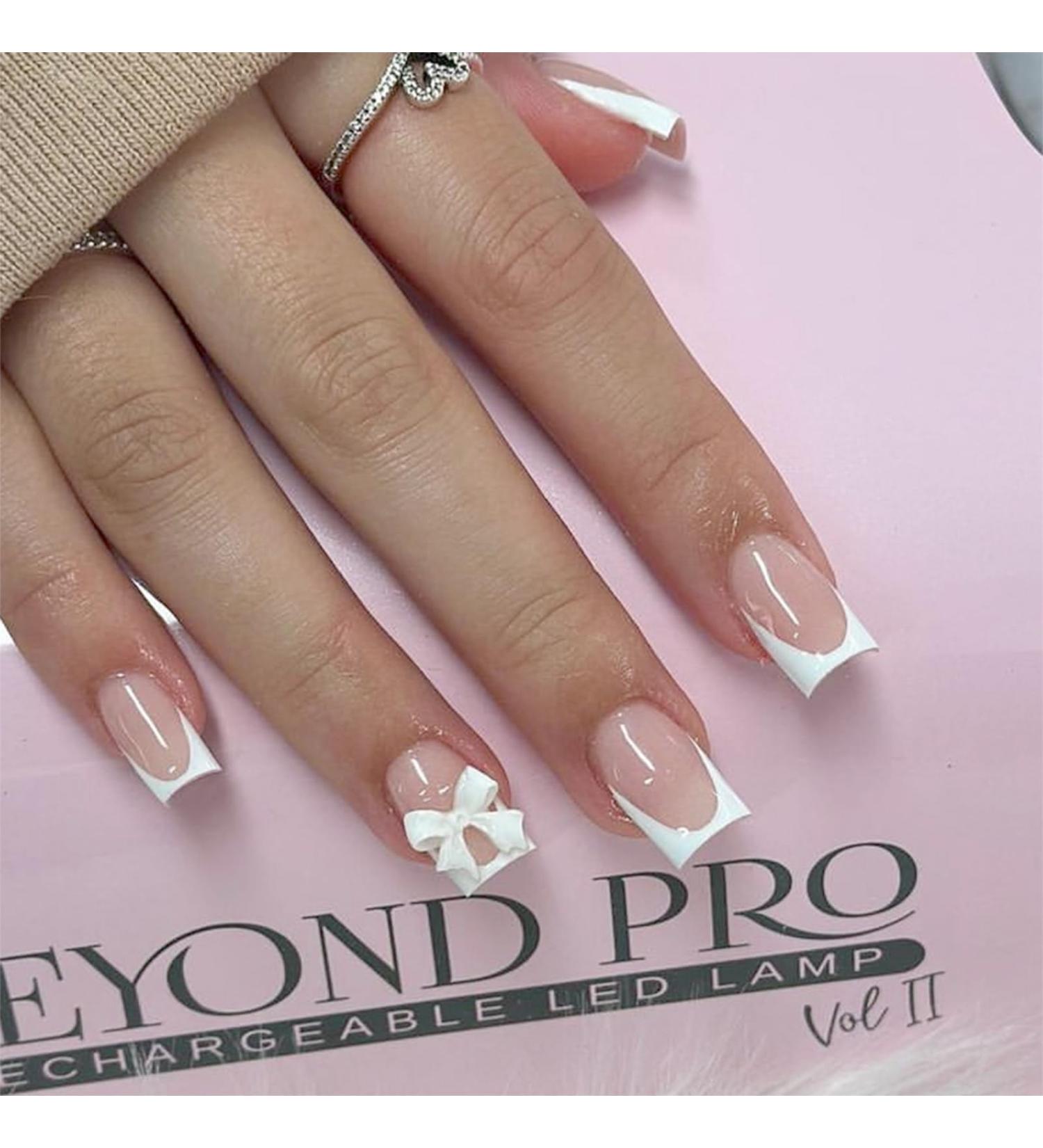24PCS French Tip Press On Nails - Short Square Fake Nails with Bow Design | Glossy Reusable Full Cover False Nails for Women | Acrylic Glue-On Nail Art - Buy Online on GoSupps.com