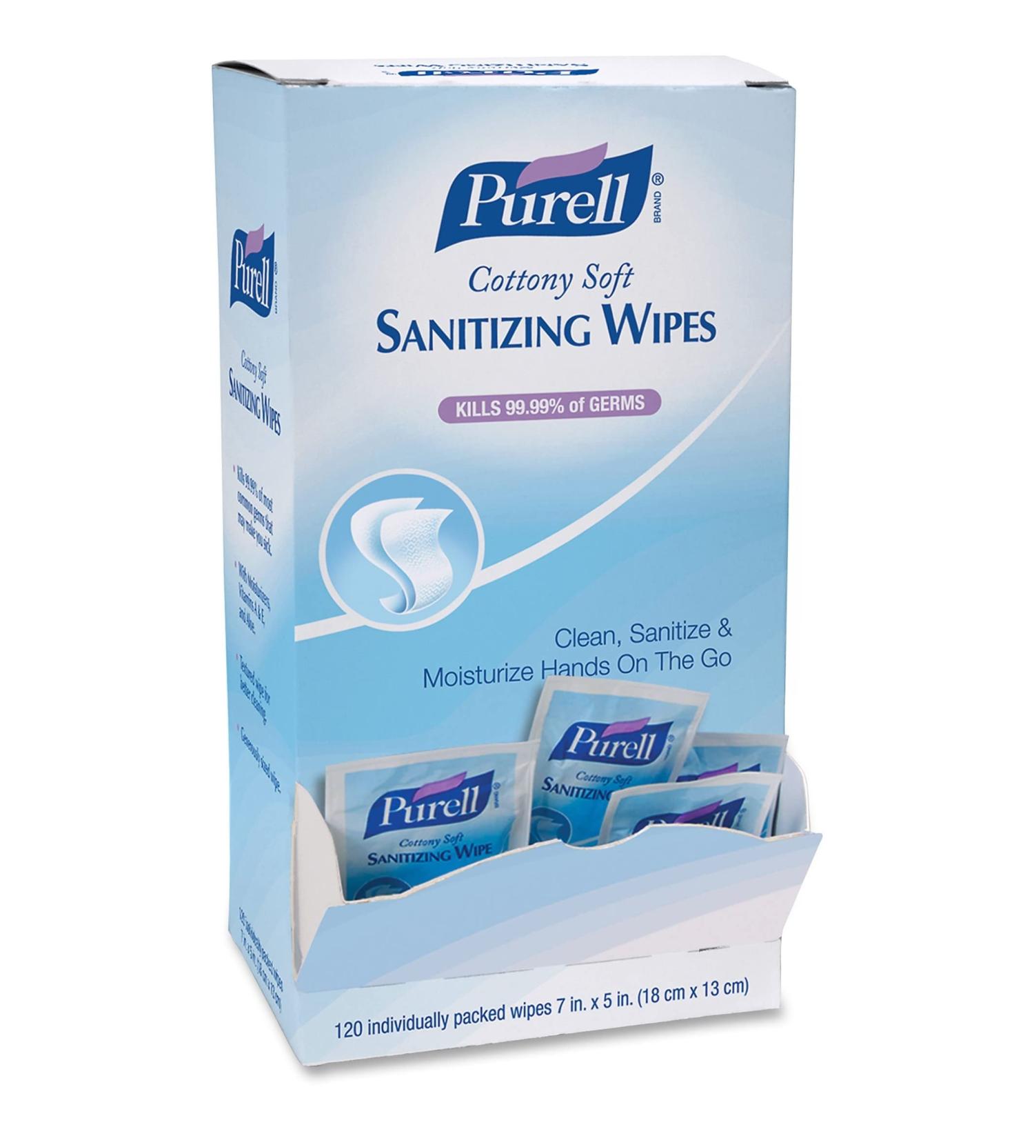 PURELL Cottony Soft Hand Sanitizing Wipes, 120 Individually Wrapped Wipes in Self-Dispensing Display Box - 9027-12 5" x 7"