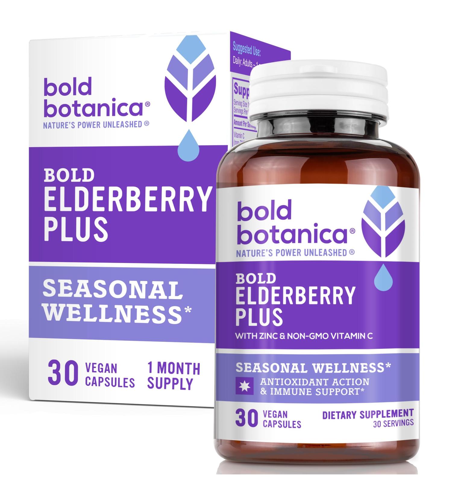 Bold Botanica Elderberry Plus 65x Concentrated Black Elderberry Capsules with Vitamin C and Zinc for Adults for Daily Immune Support Supplement & Seasonal Wellness Non-GMO 30 Vegan Capsules - Buy Online on GoSupps.com