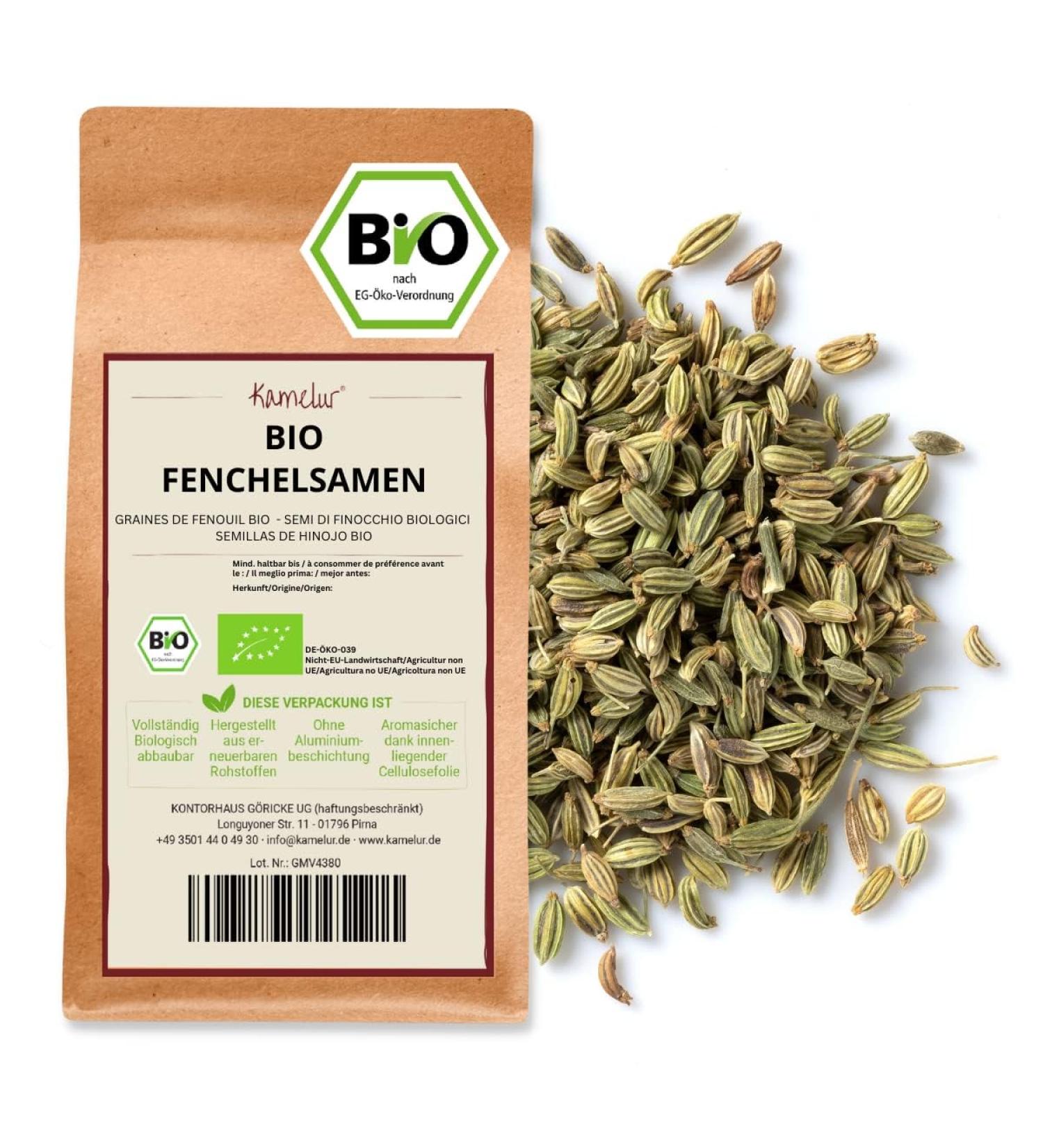 Kamelur Organic whole fennel seeds without additives aromatic whole as a base for herbal tea in environmentally friendly packaging - Buy Online on GoSupps.com