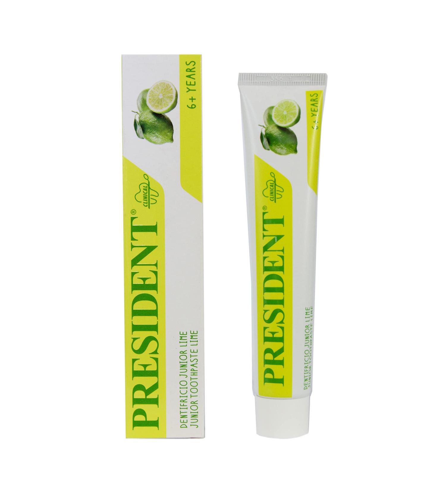  President President JUNIOR 6+ Toothpaste for children aged six and over. Lime flavor anti-cavity protects gums and tooth enamel. Paraben-free SLS-free allergen-free and PEG-free - RDA 30-50 ml - Buy Online on GoSupps.com