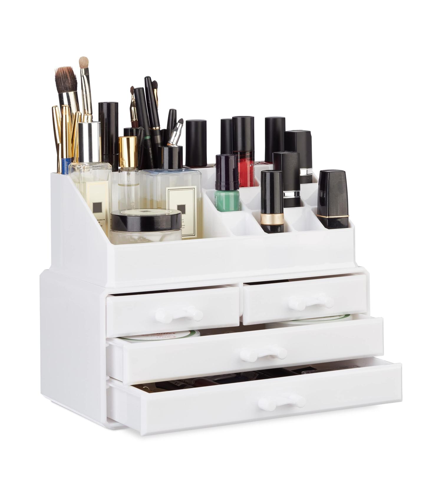 Relaxdays Small Make-Up Organizer - 2-Part Acrylic Storage with Lipstick Holder & 4 Drawers White - 19x24x13.5 cm - Buy Online on GoSupps.com