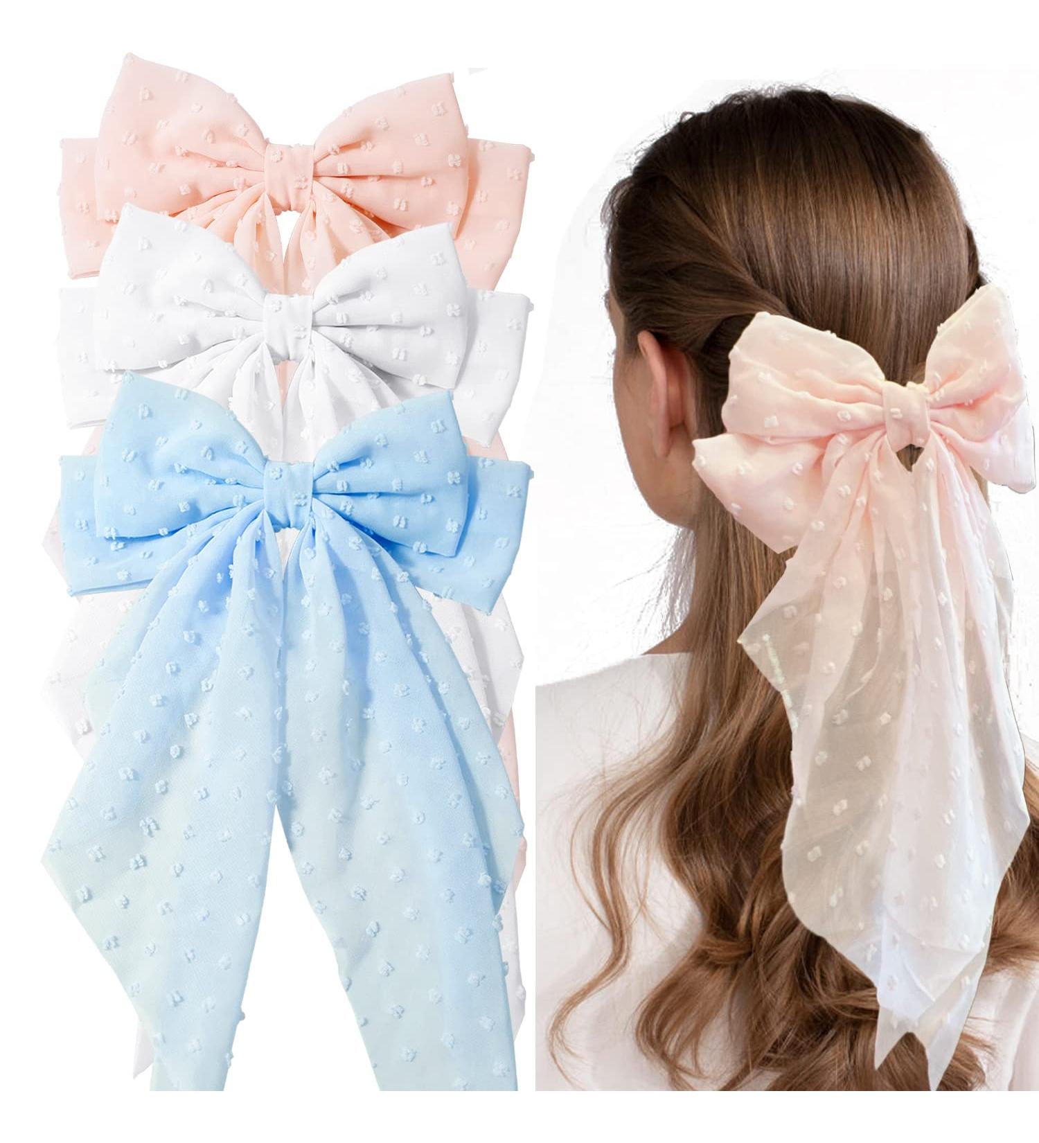 3-Piece Set Large Hair Bows Clips for Women & Girls - Bright Color Big Bow Barrettes with Long Tail French Barrettes - Buy Online on GoSupps.com