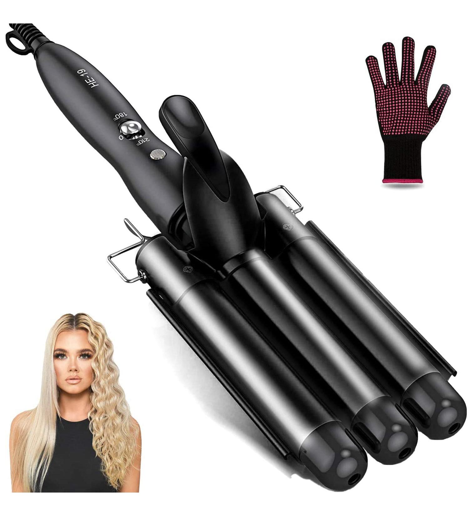 25mm Hair Waver 3 Barrel Curling Iron Wand | Adjustable Heat | Beach Waves Crimper | Black - Buy Online on GoSupps.com